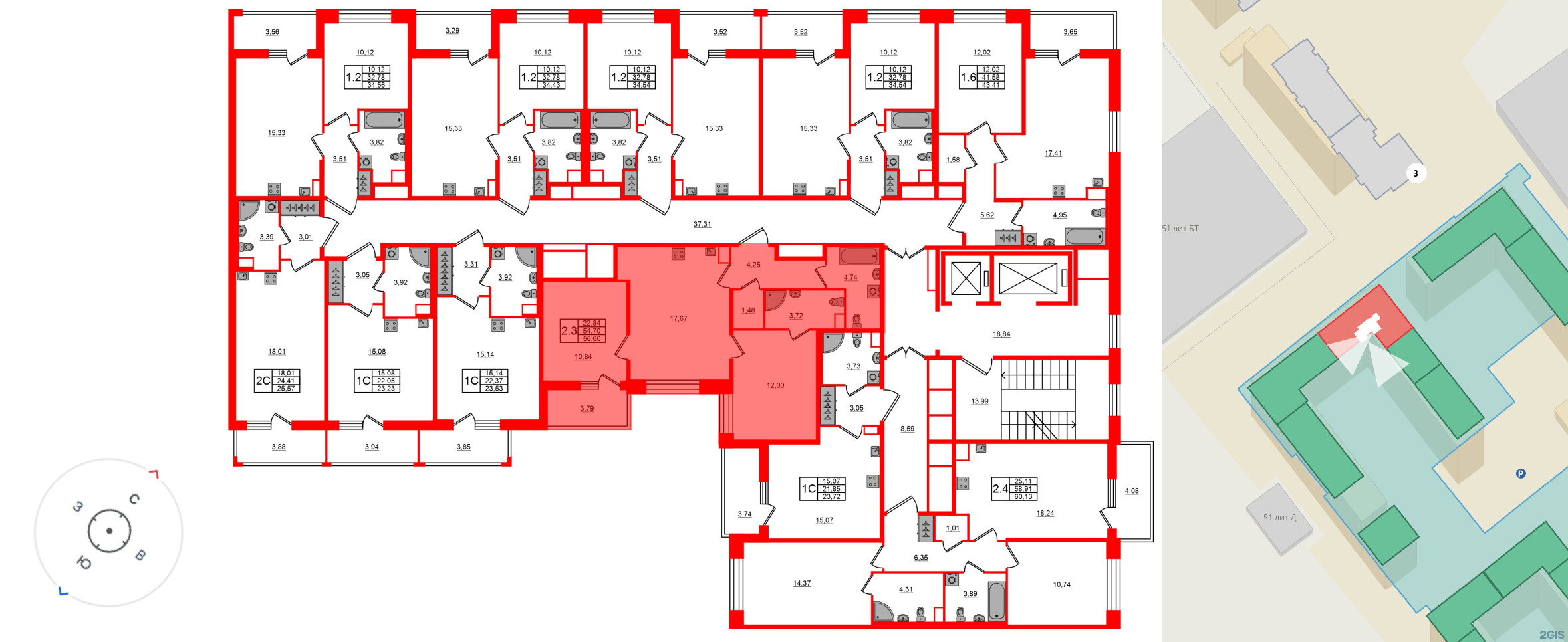 Квартира в ЖК Астра Континенталь, 2 комнатная, 54.7 м², 2 этаж
