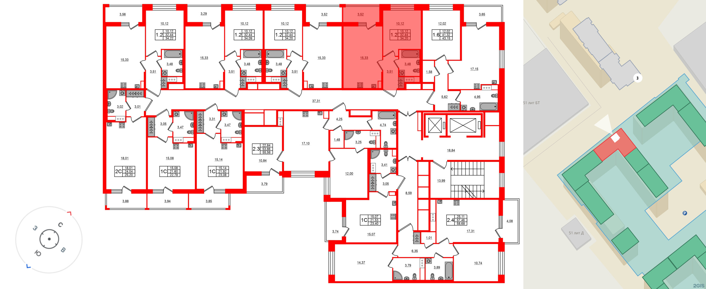 Квартира в ЖК Астра Континенталь, 1 комнатная, 32.44 м², 3 этаж