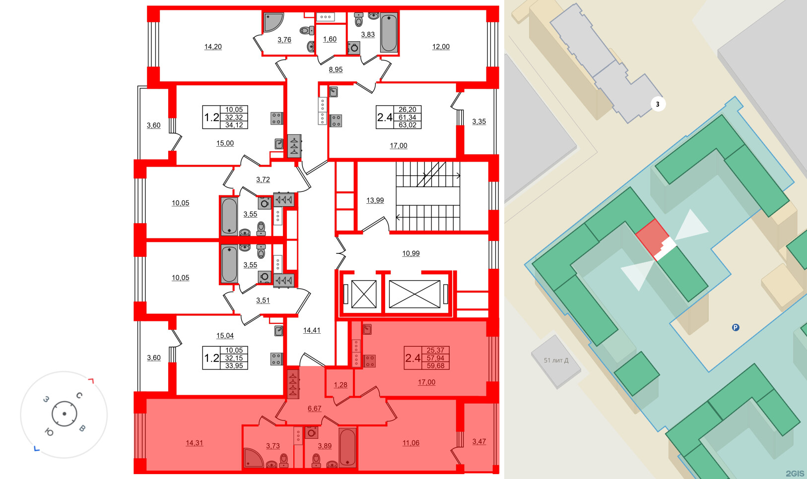 Квартира в ЖК Астра Континенталь, 2 комнатная, 57.94 м², 7 этаж