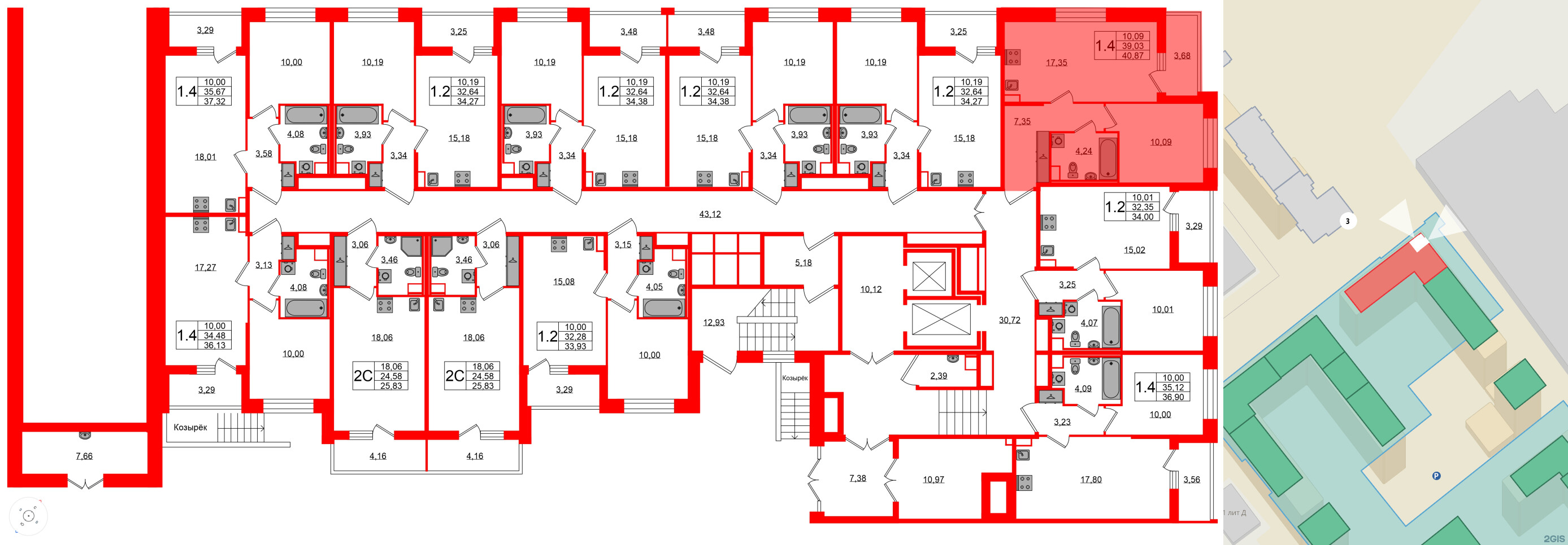 Квартира в ЖК Астра Континенталь, 1 комнатная, 39.03 м², 1 этаж