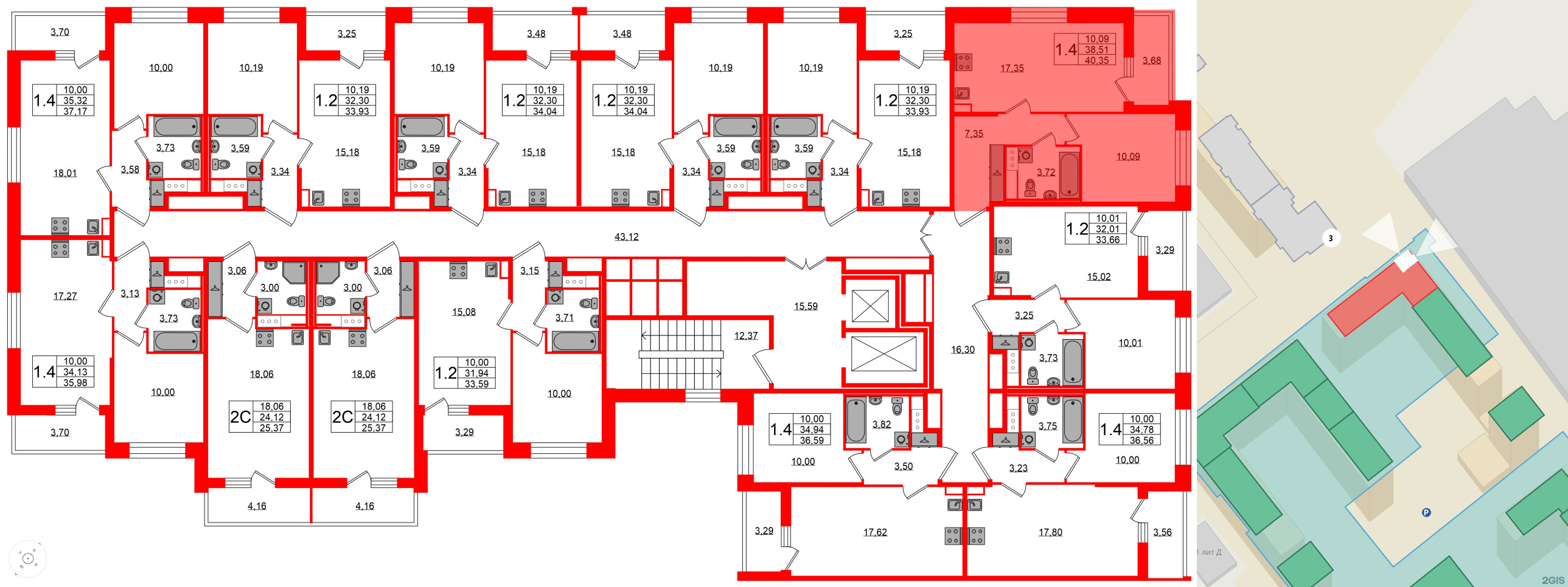 Квартира в ЖК Астра Континенталь, 1 комнатная, 38.51 м², 3 этаж