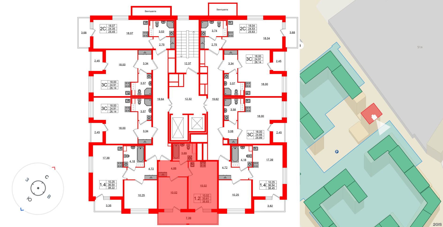 Квартира в ЖК Астра Континенталь, 1 комнатная, 33.61 м², 6 этаж