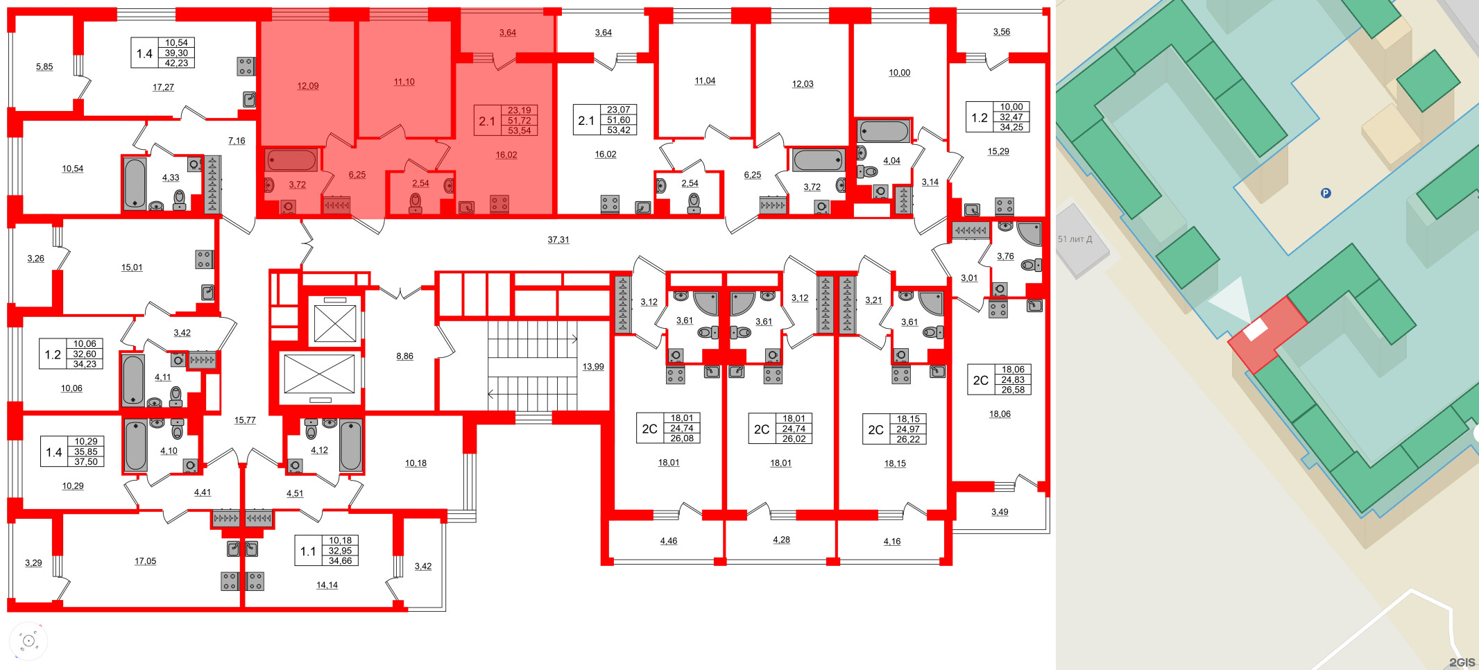 Квартира в ЖК Астра Континенталь, 2 комнатная, 51.72 м², 2 этаж