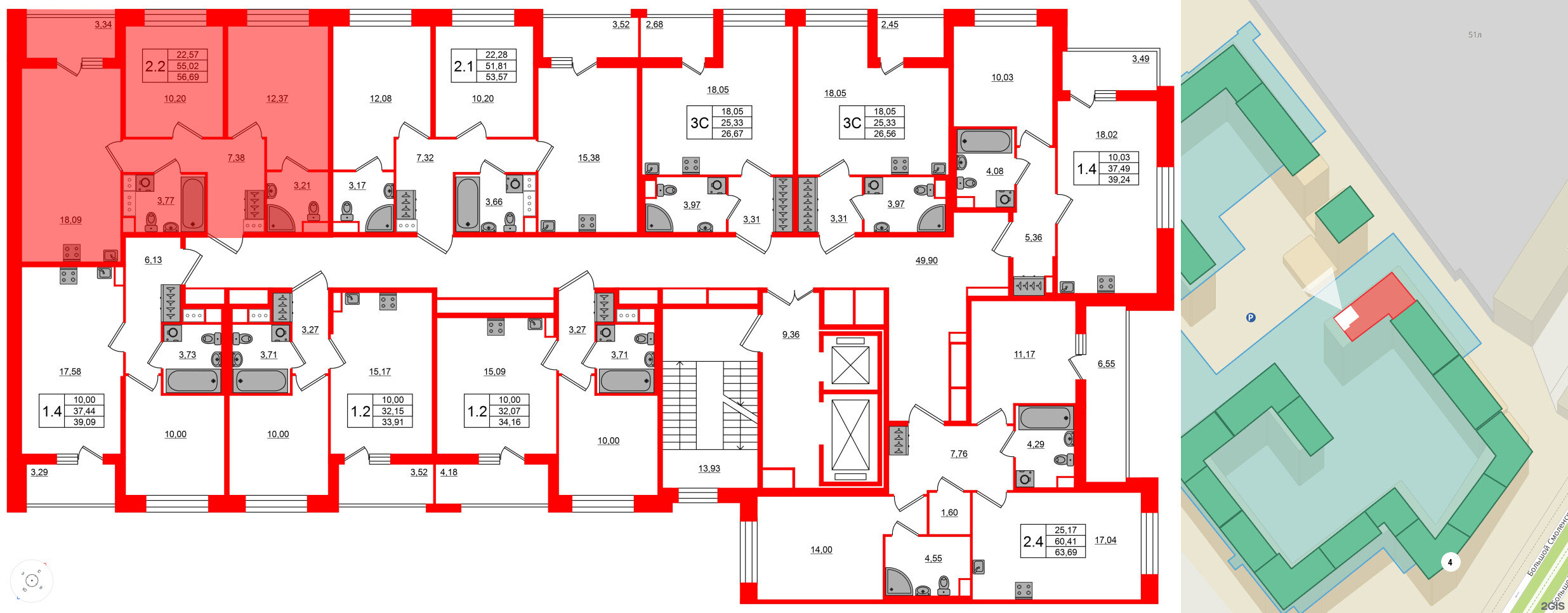 Квартира в ЖК Астра Континенталь, 2 комнатная, 55.02 м², 2 этаж