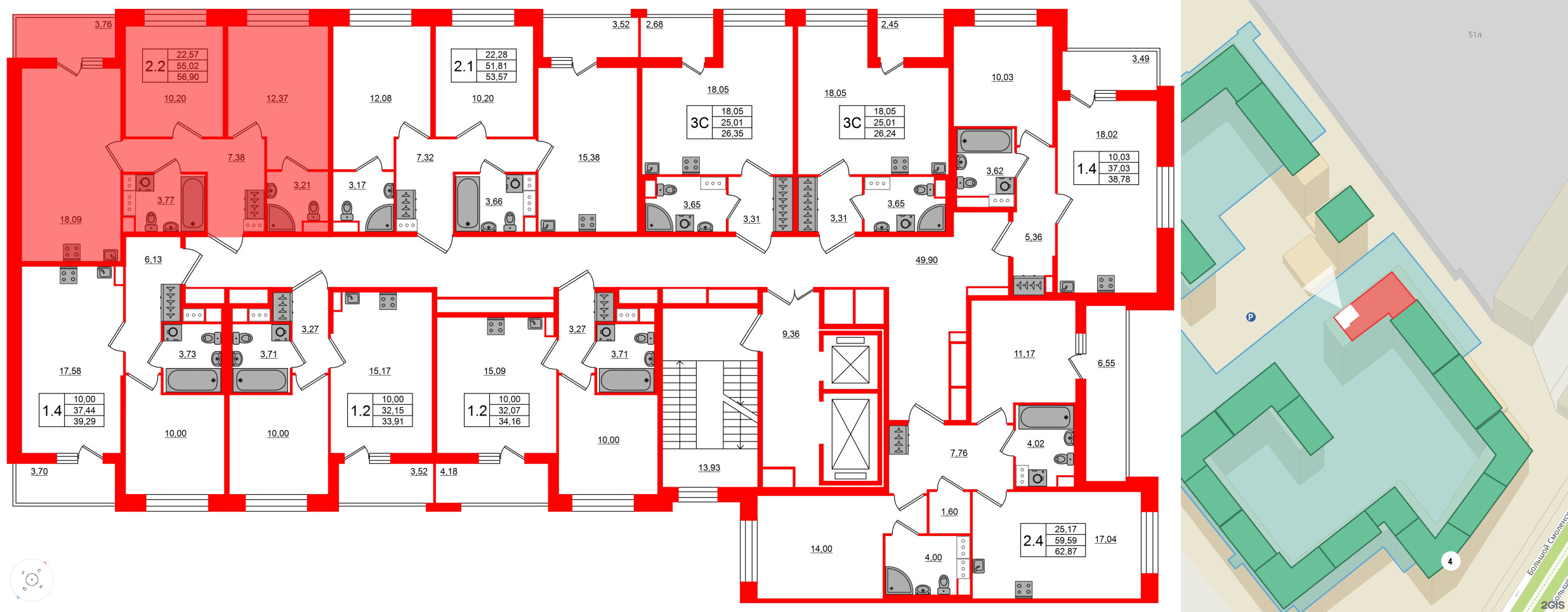 Квартира в ЖК Астра Континенталь, 2 комнатная, 55.02 м², 3 этаж