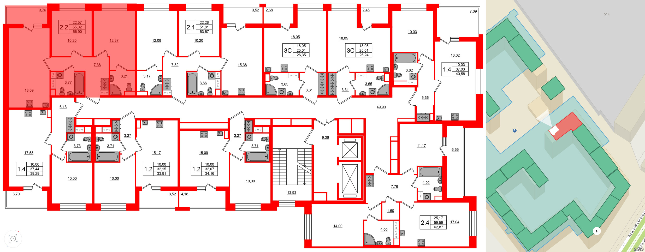 Квартира в ЖК Астра Континенталь, 2 комнатная, 55.02 м², 10 этаж