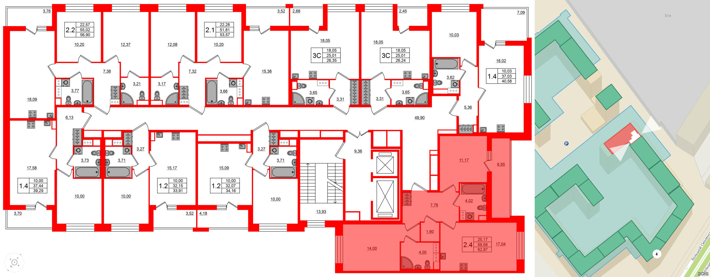 Квартира в ЖК Астра Континенталь, 2 комнатная, 59.59 м², 7 этаж