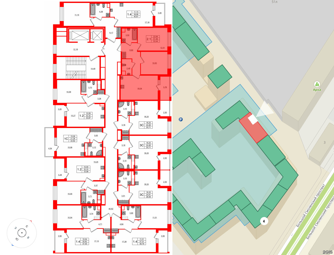Квартира в ЖК Астра Континенталь, 2 комнатная, 51.56 м², 2 этаж