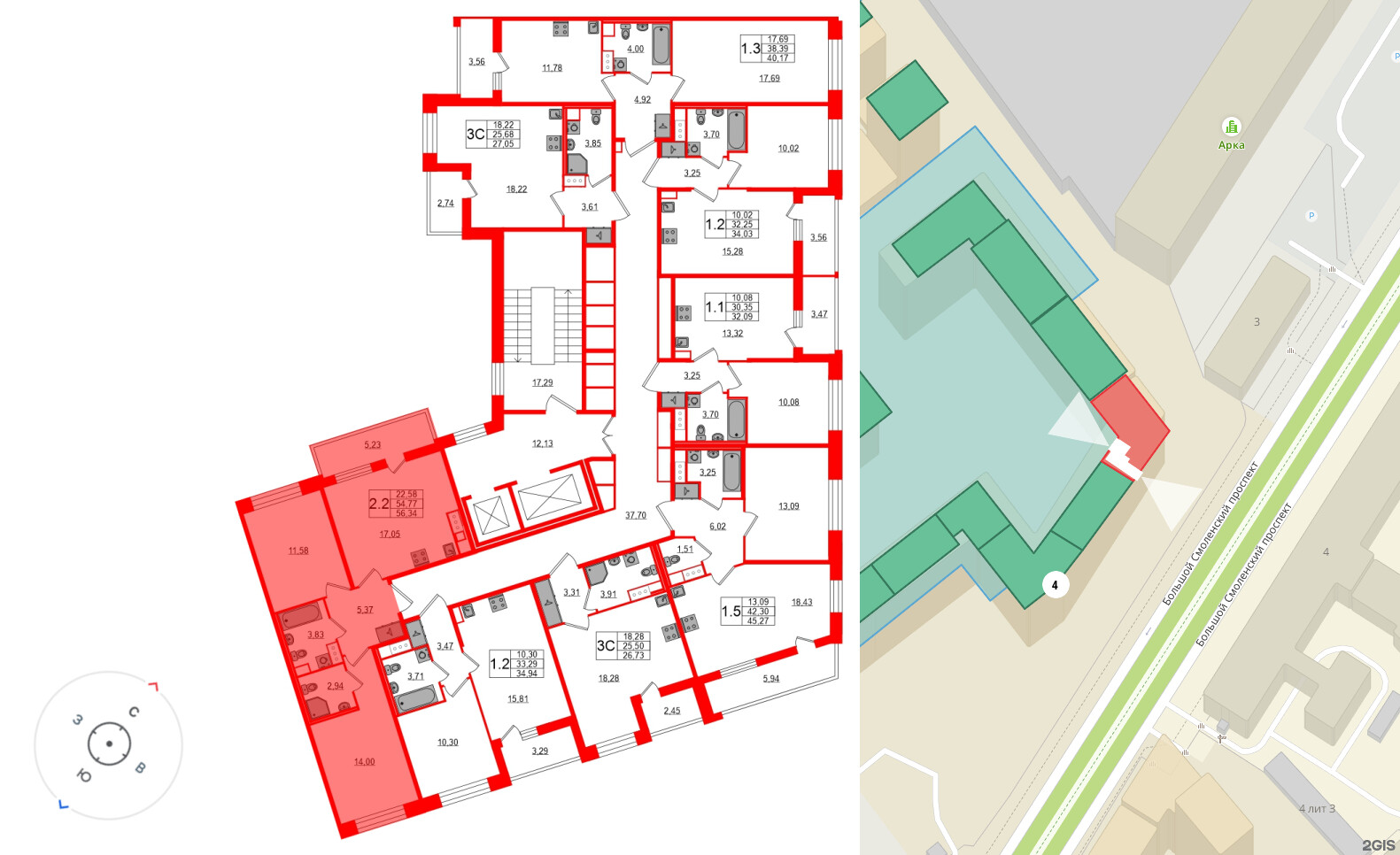 Квартира в ЖК Астра Континенталь, 2 комнатная, 54.77 м², 7 этаж