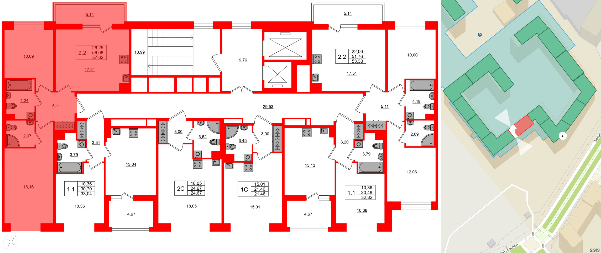 Квартира в ЖК Астра Континенталь, 2 комнатная, 56.08 м², 2 этаж