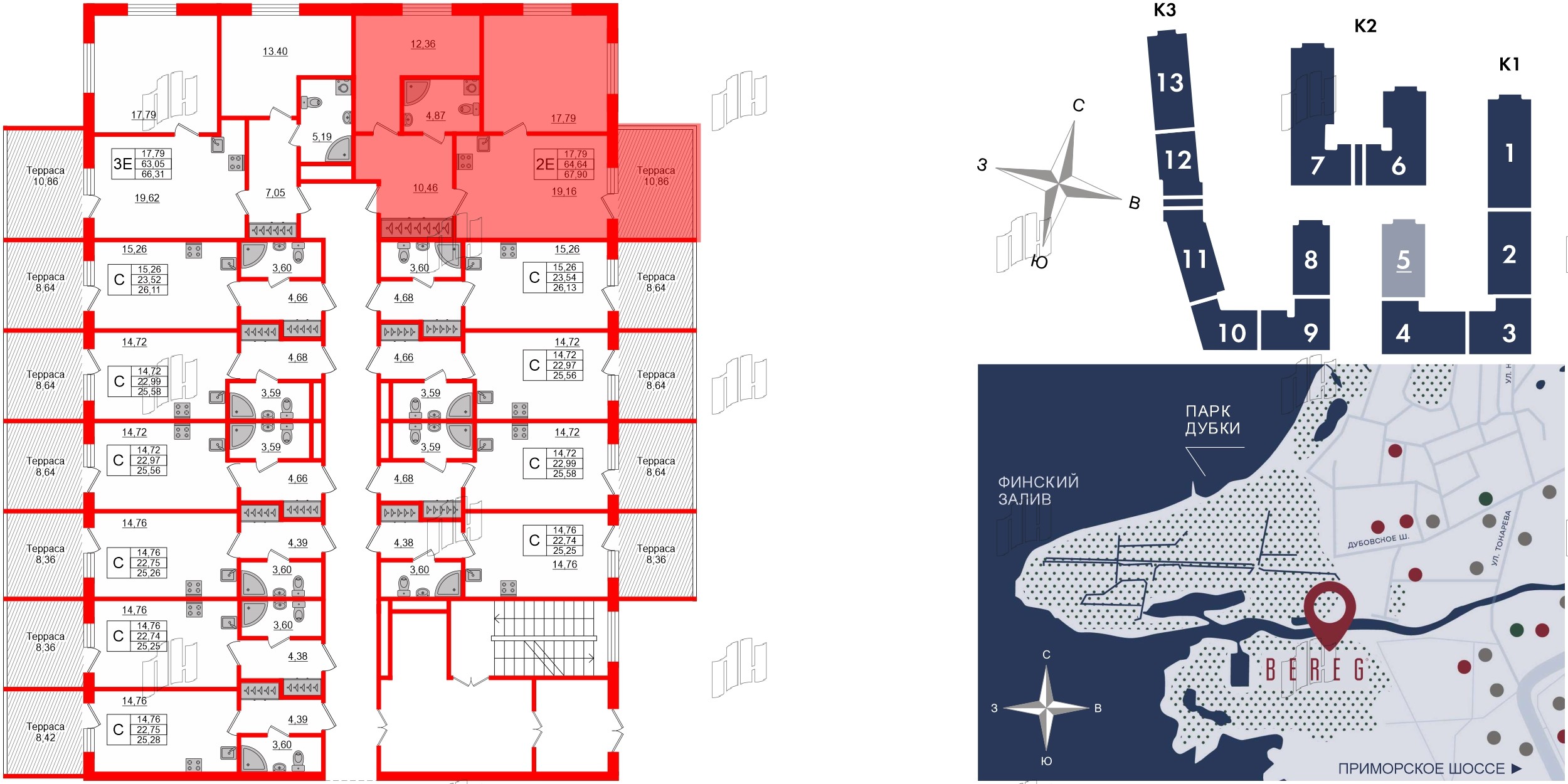 Апартаменты в ЖК Берег. Курортный, 2 комнатные, 67.9 м², 1 этаж