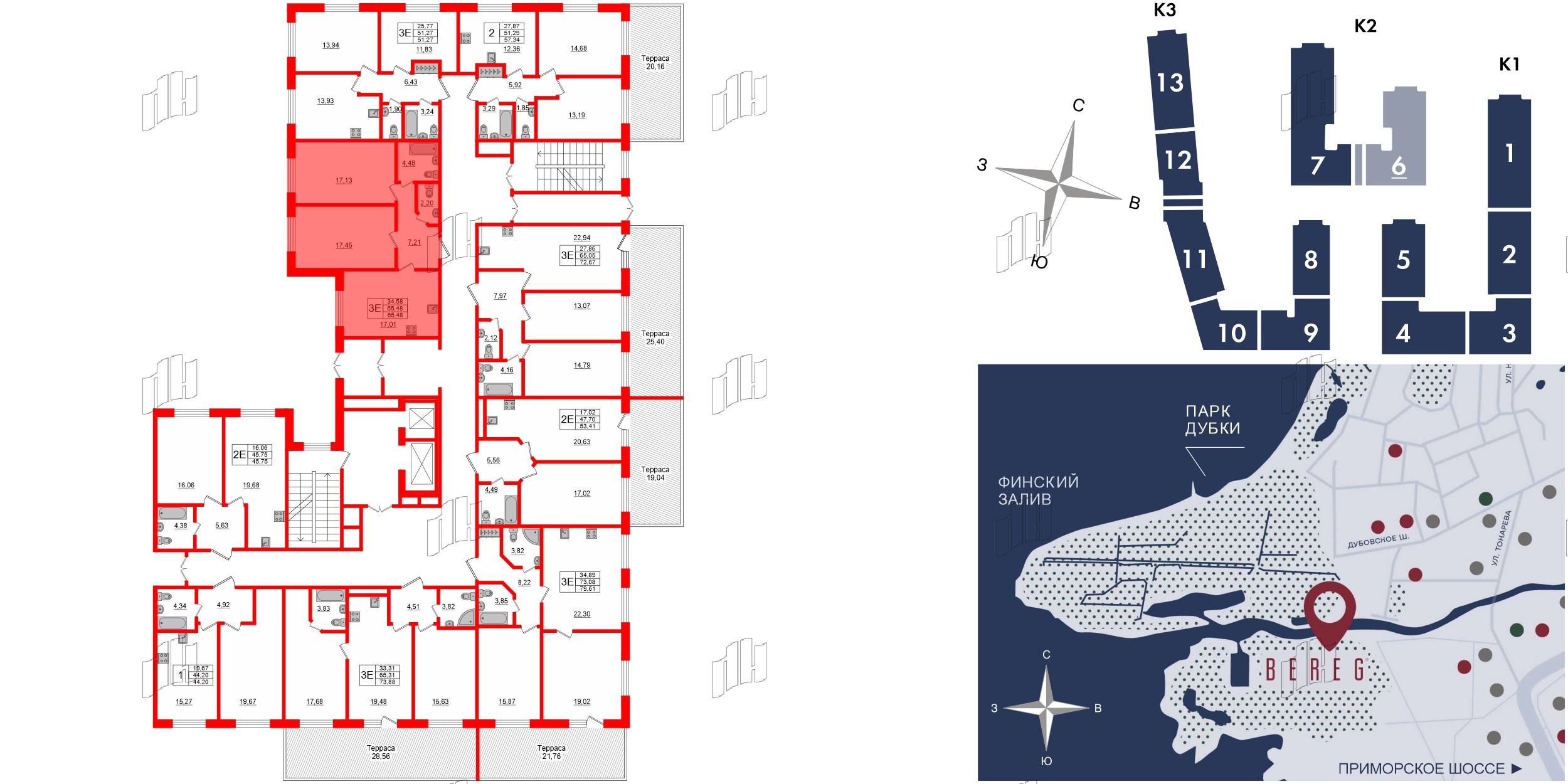 Апартаменты в ЖК Берег. Курортный, 2 комнатные, 65.48 м², 1 этаж