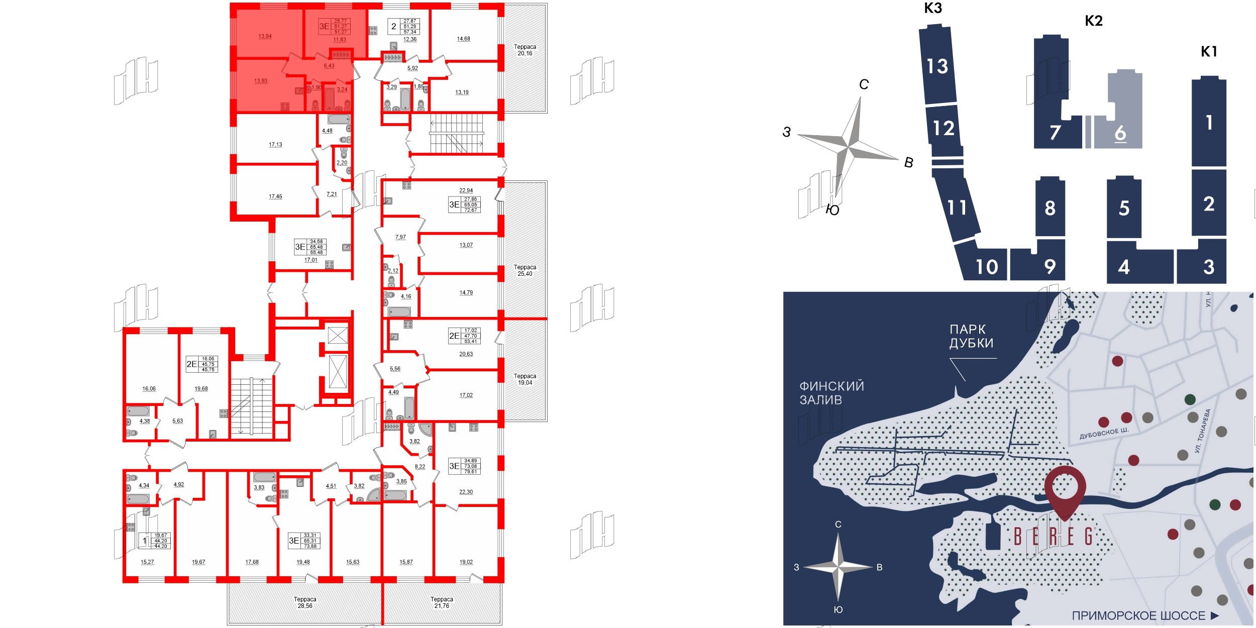 Апартаменты в ЖК Берег. Курортный, 2 комнатные, 51.27 м², 1 этаж