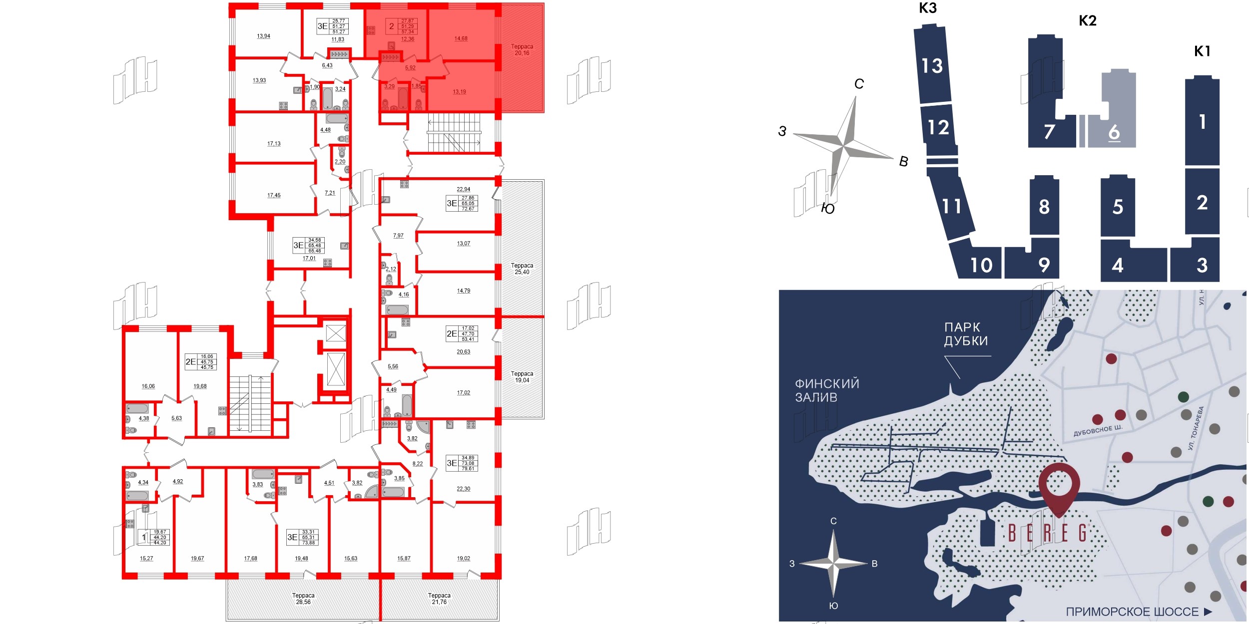 Апартаменты в ЖК Берег. Курортный, 2 комнатные, 57.34 м², 1 этаж