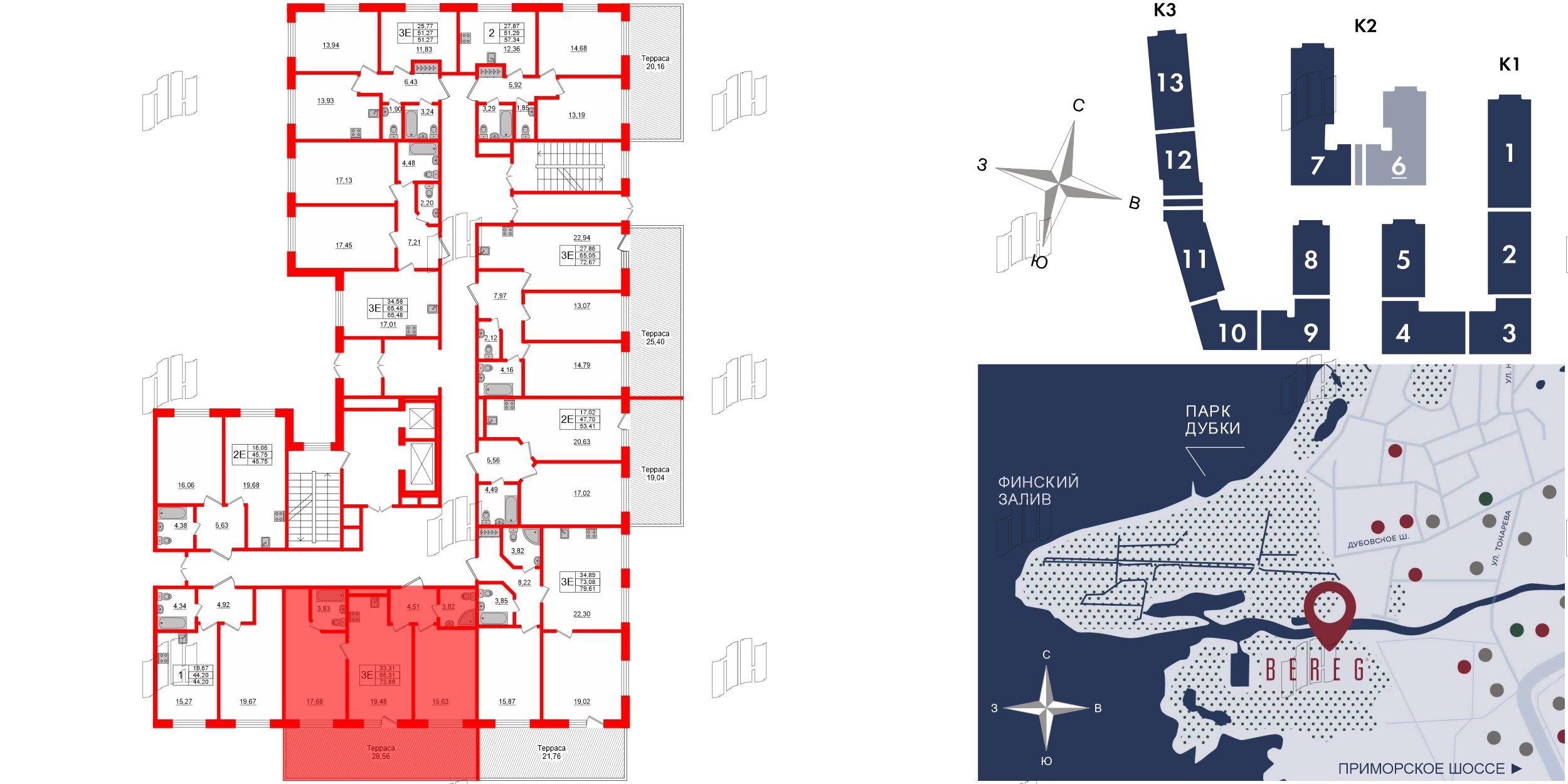 Апартаменты в ЖК Берег. Курортный, 2 комнатные, 73.88 м², 1 этаж
