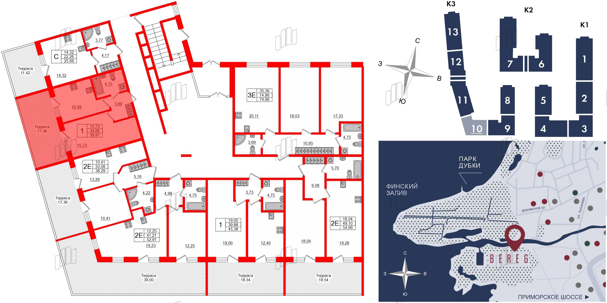 Апартаменты в ЖК Берег. Курортный, 1 комнатные, 39.86 м², 1 этаж