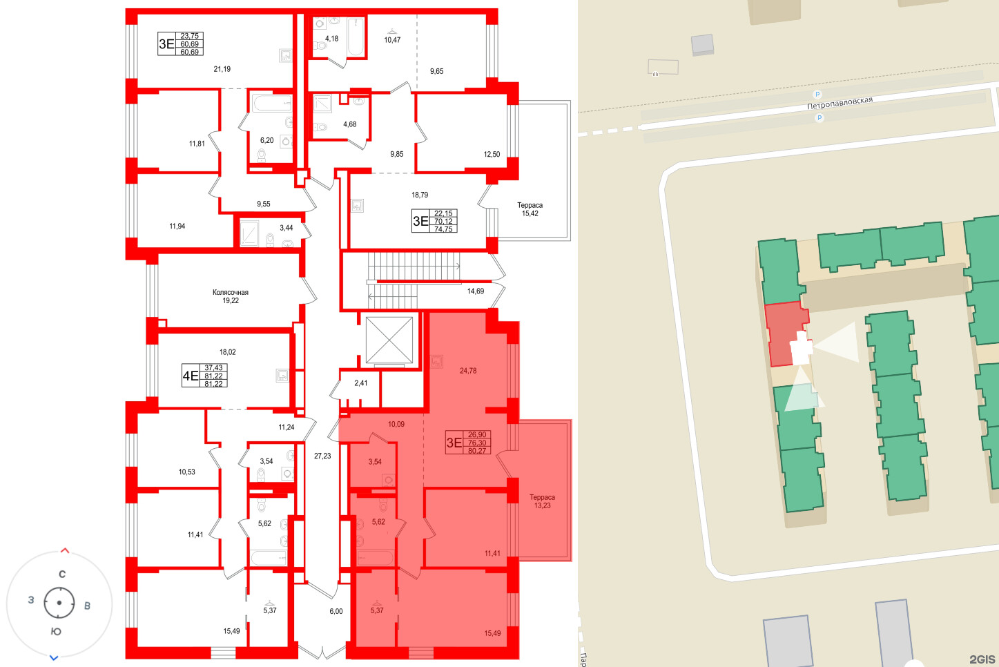 Квартира в ЖК Брусника в Новоселье, 2 комнатная, 60.69 м², 1 этаж