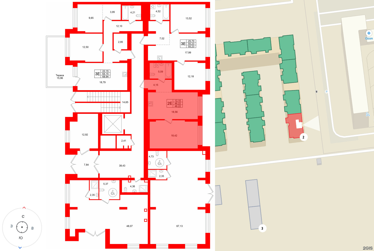 Квартира в ЖК «Брусника в Новоселье», 1 комнатная, 46.22 м², 1 этаж