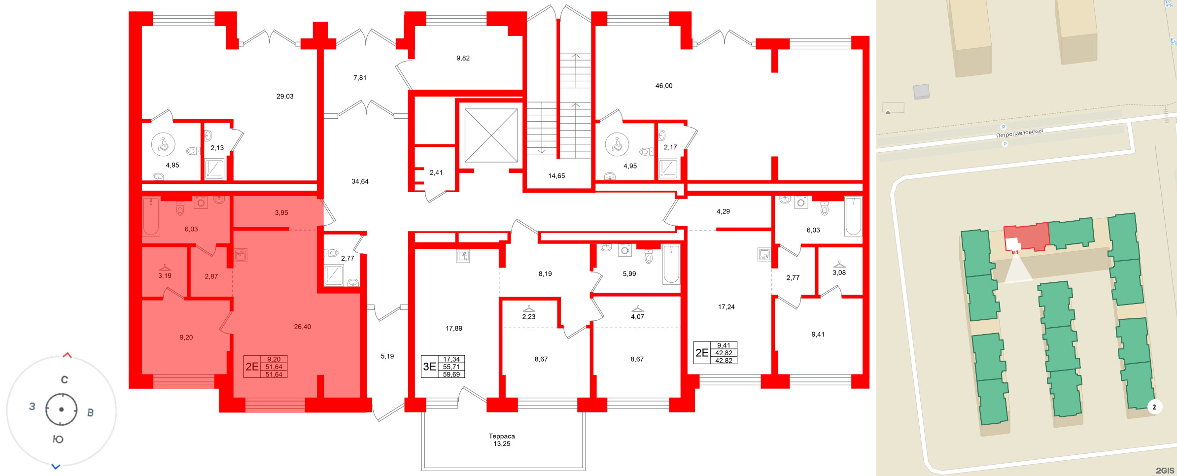 Квартира в ЖК «Брусника в Новоселье», 1 комнатная, 51.64 м², 1 этаж