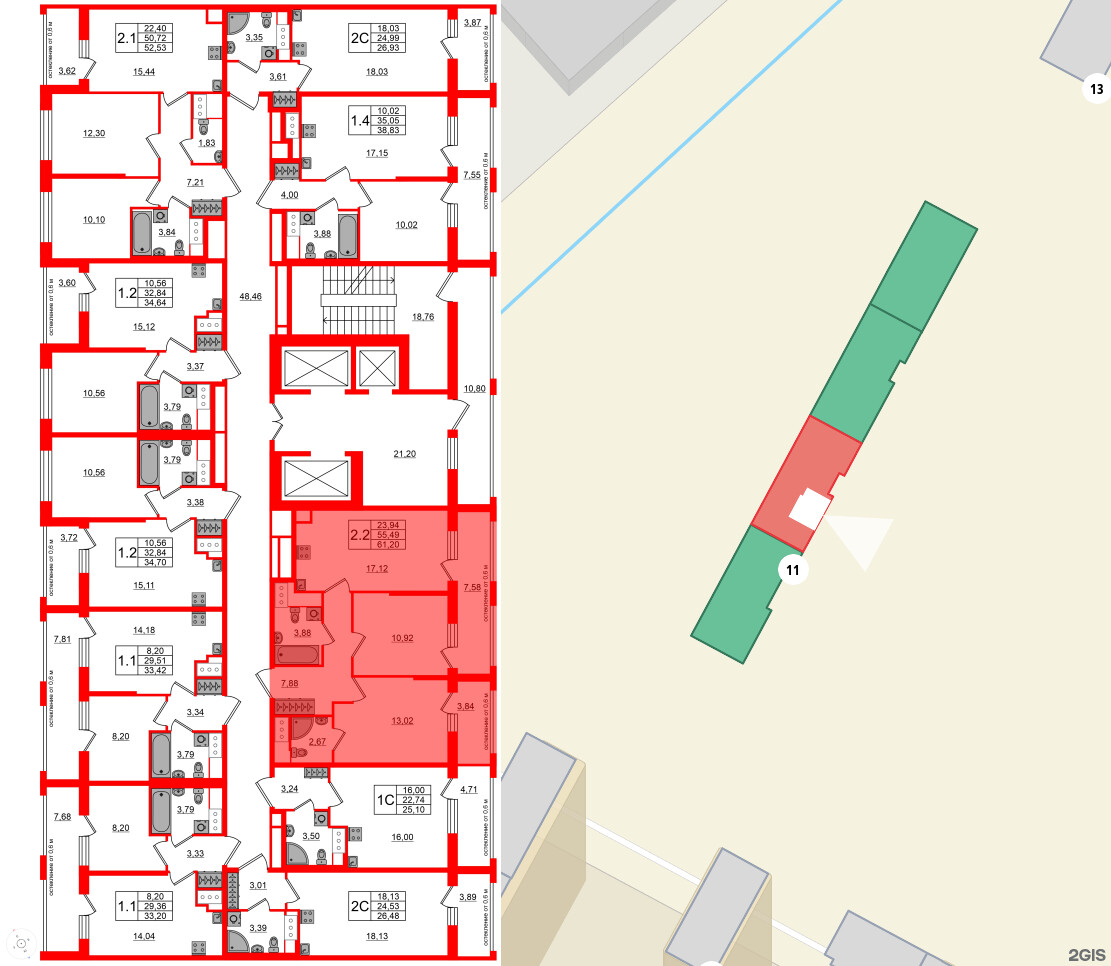 Квартира в ЖК «Город звёзд», 2 комнатная, 55.49 м², 6 этаж