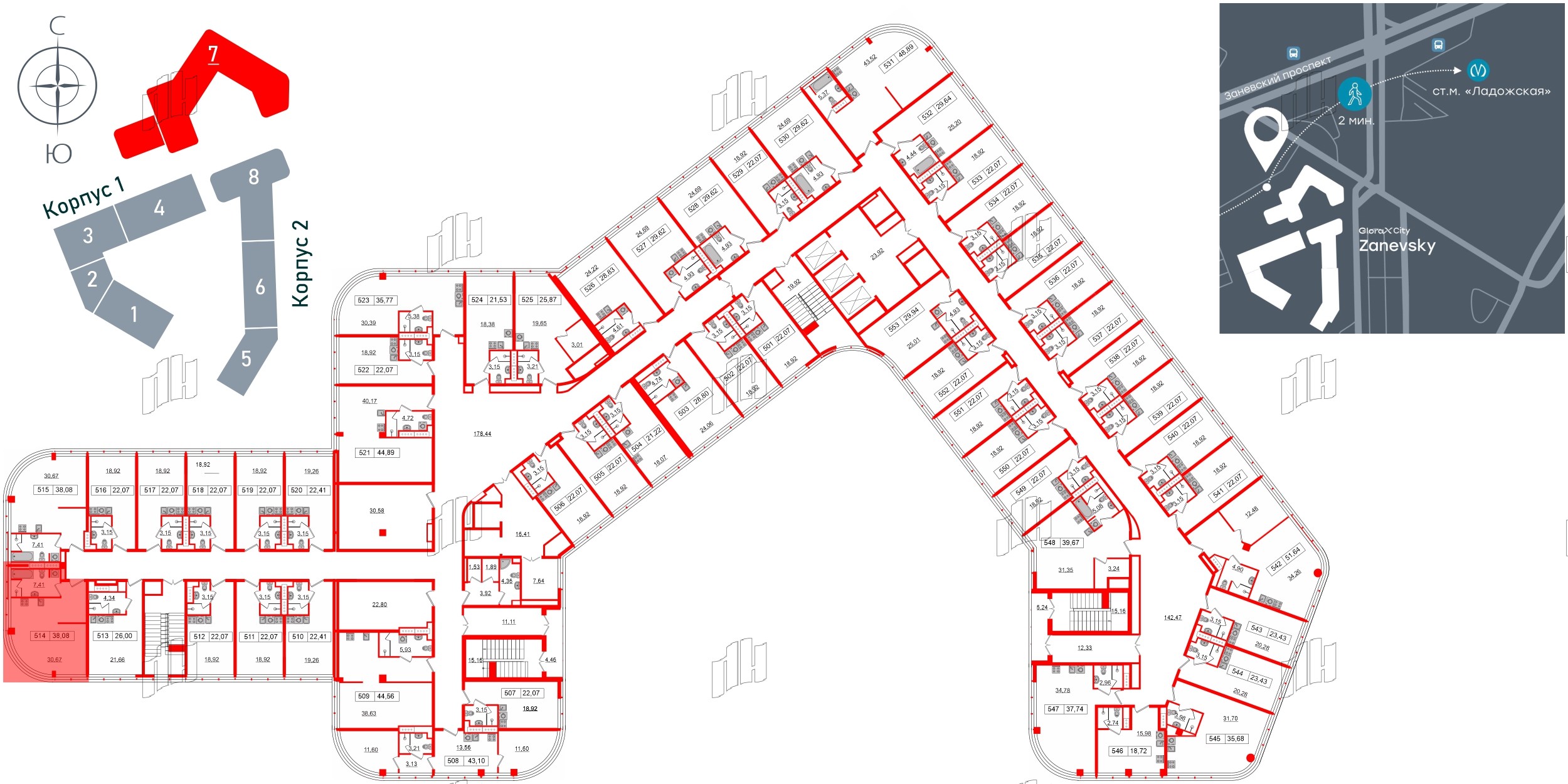 Апартаменты в ЖК Апарт-отель «GloraX Заневский», студия, 38.08 м², 5 этаж