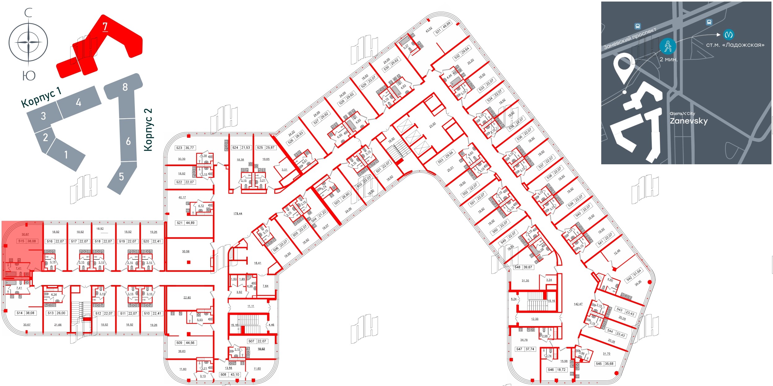 Апартаменты в ЖК Апарт-отель «GloraX Заневский», студия, 38.08 м², 5 этаж