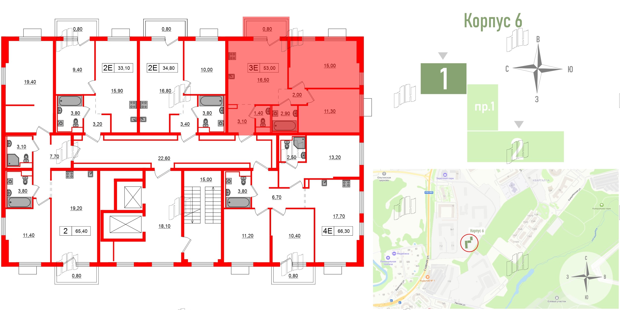 Квартира в ЖК Заречный парк, 2 комнатная, 53 м², 15 этаж