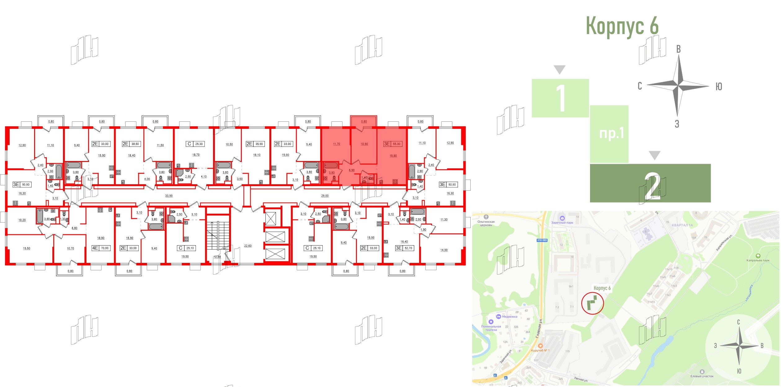 Квартира в ЖК Заречный парк, 2 комнатная, 55.3 м², 23 этаж