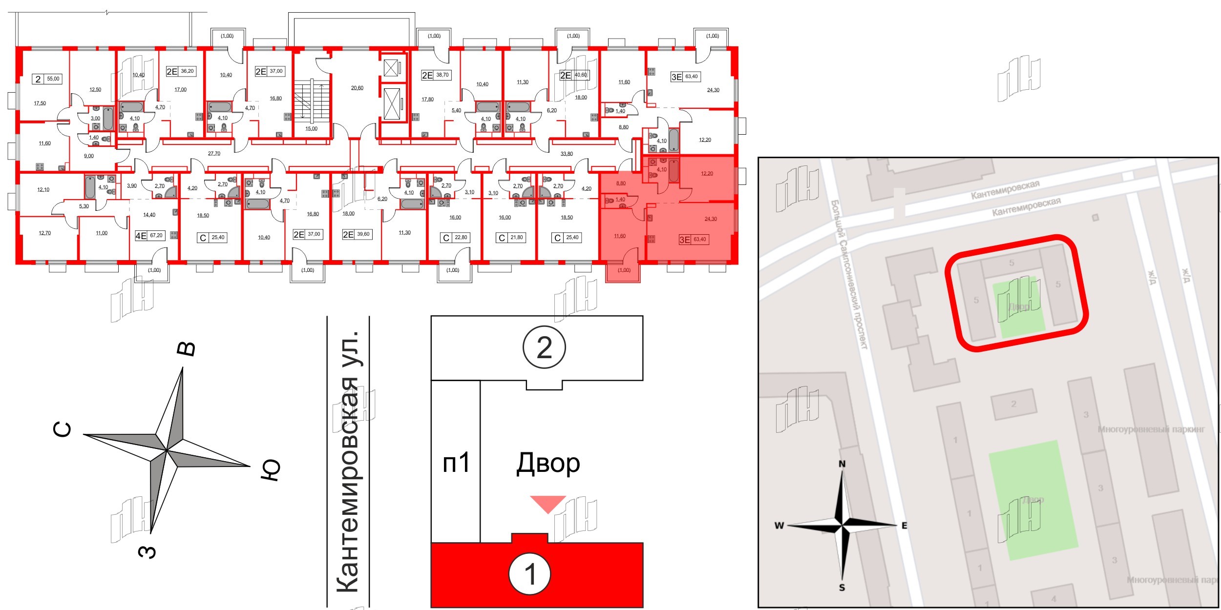Квартира в ЖК Кантемировская 11, 2 комнатная, 63.4 м², 2 этаж