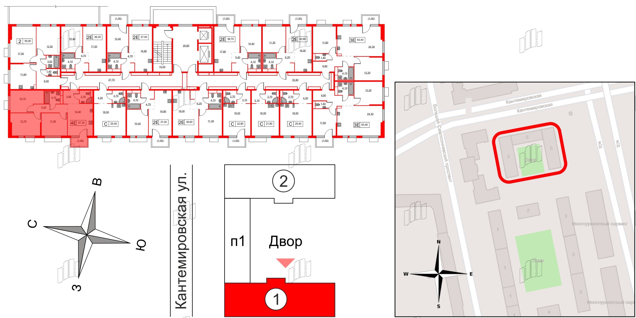 Квартира в ЖК Кантемировская 11, 3 комнатная, 67.2 м², 2 этаж