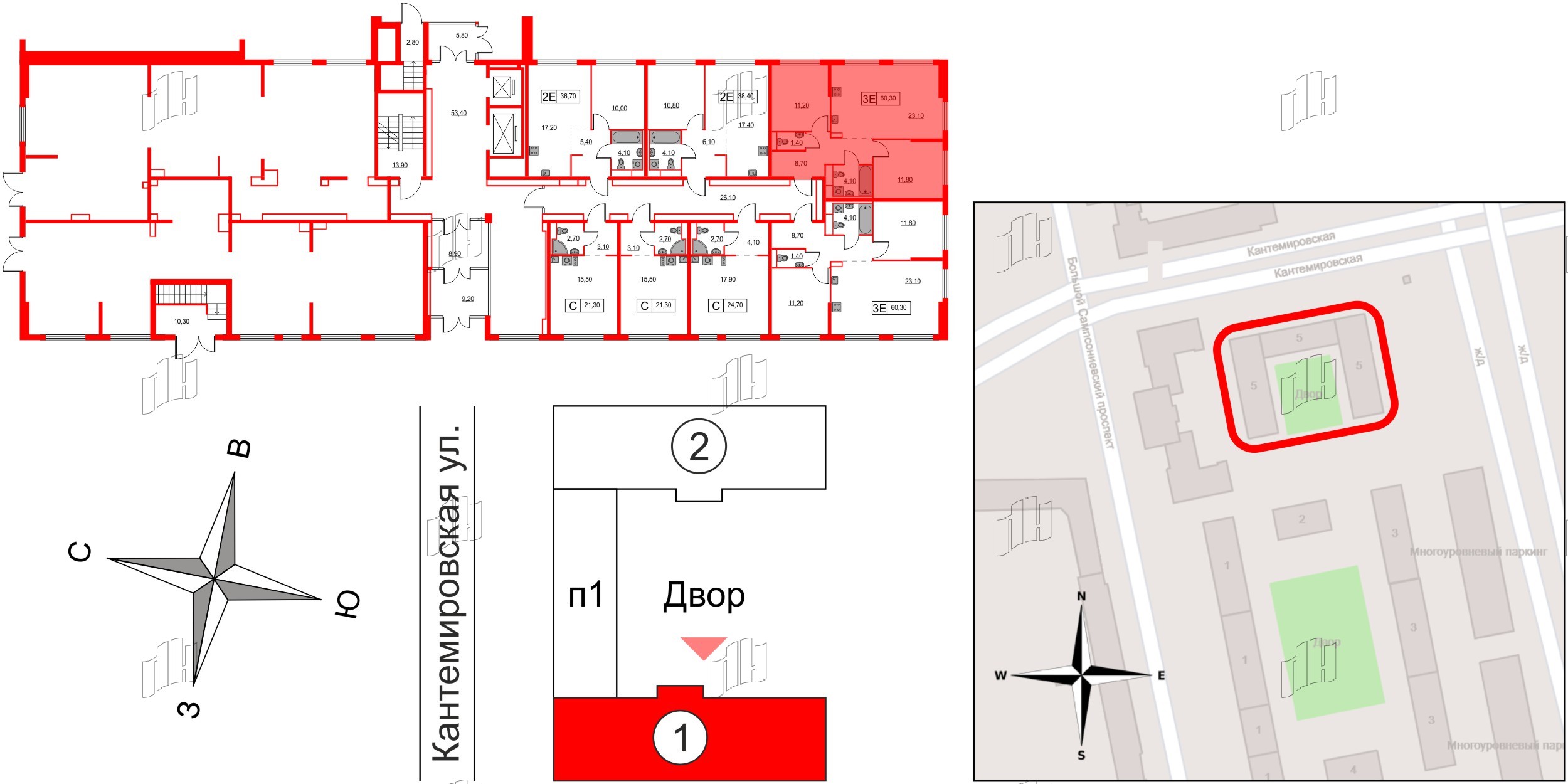 Квартира в ЖК Кантемировская 11, 2 комнатная, 60.3 м², 1 этаж