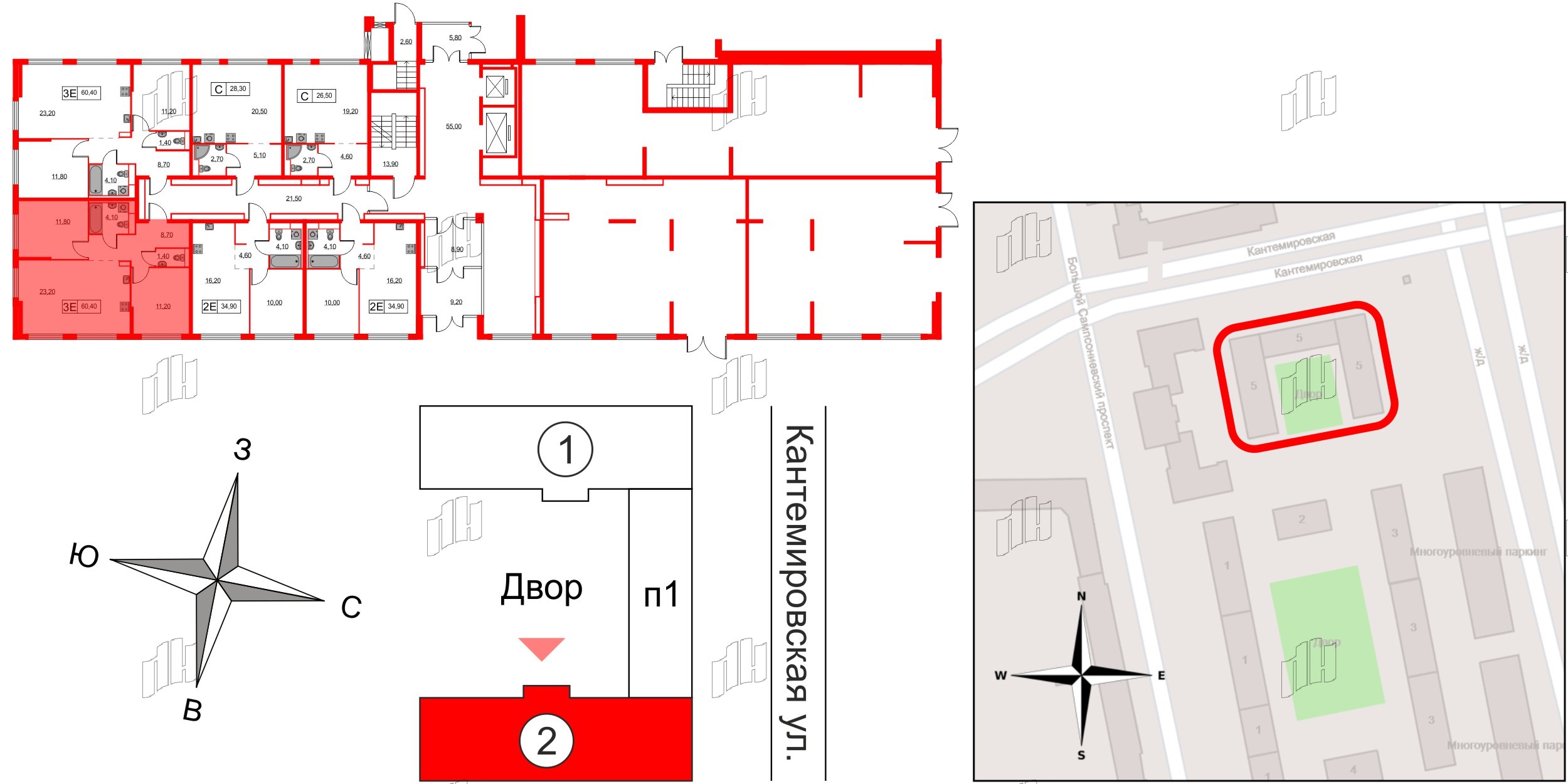Квартира в ЖК Кантемировская 11, 2 комнатная, 60.4 м², 1 этаж
