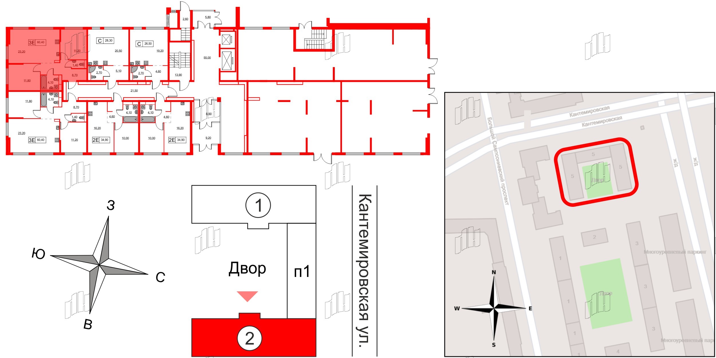 Квартира в ЖК Кантемировская 11, 2 комнатная, 60.4 м², 1 этаж