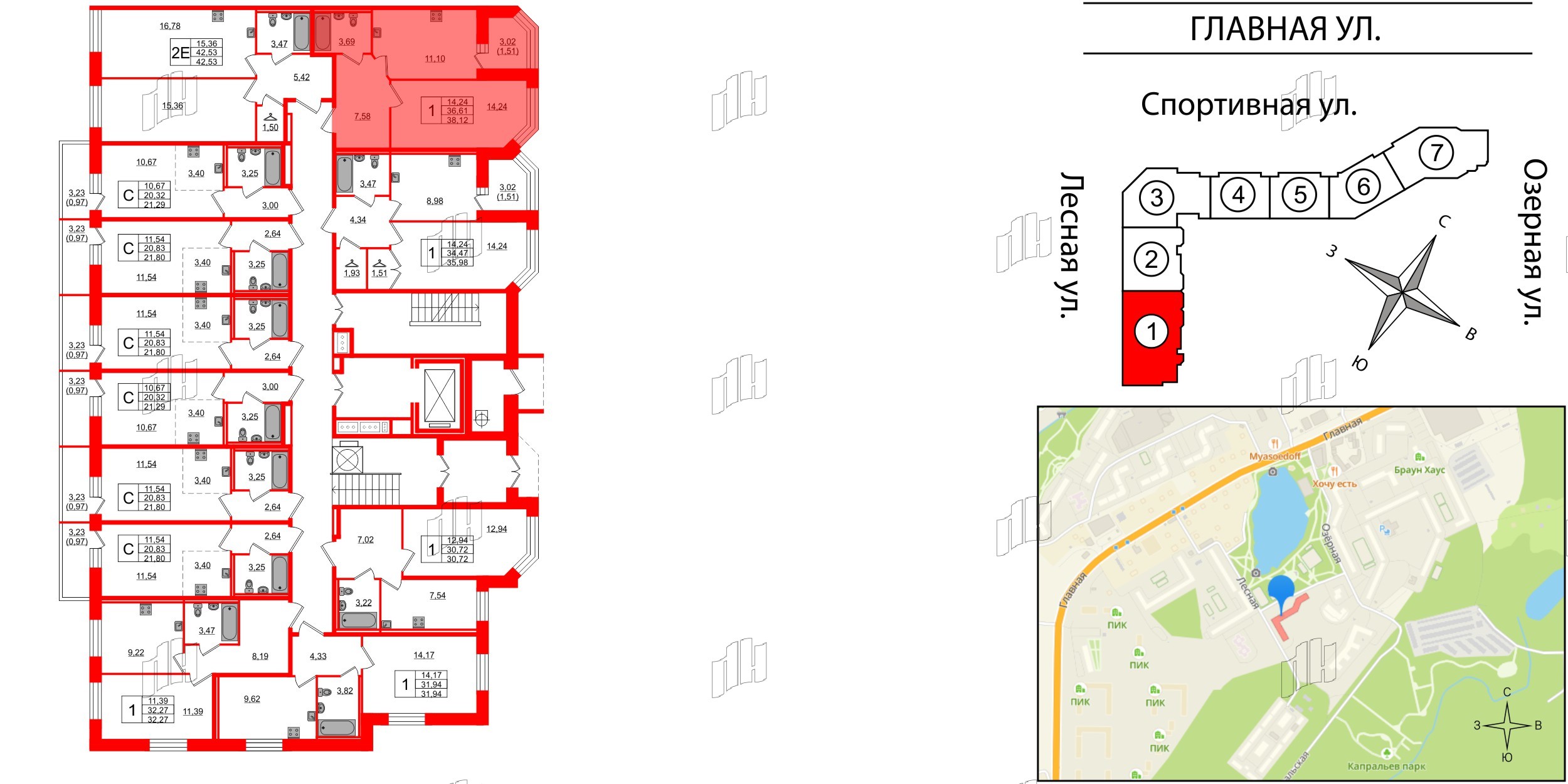 Квартира в ЖК Капральский, 1 комнатная, 38.12 м², 1 этаж