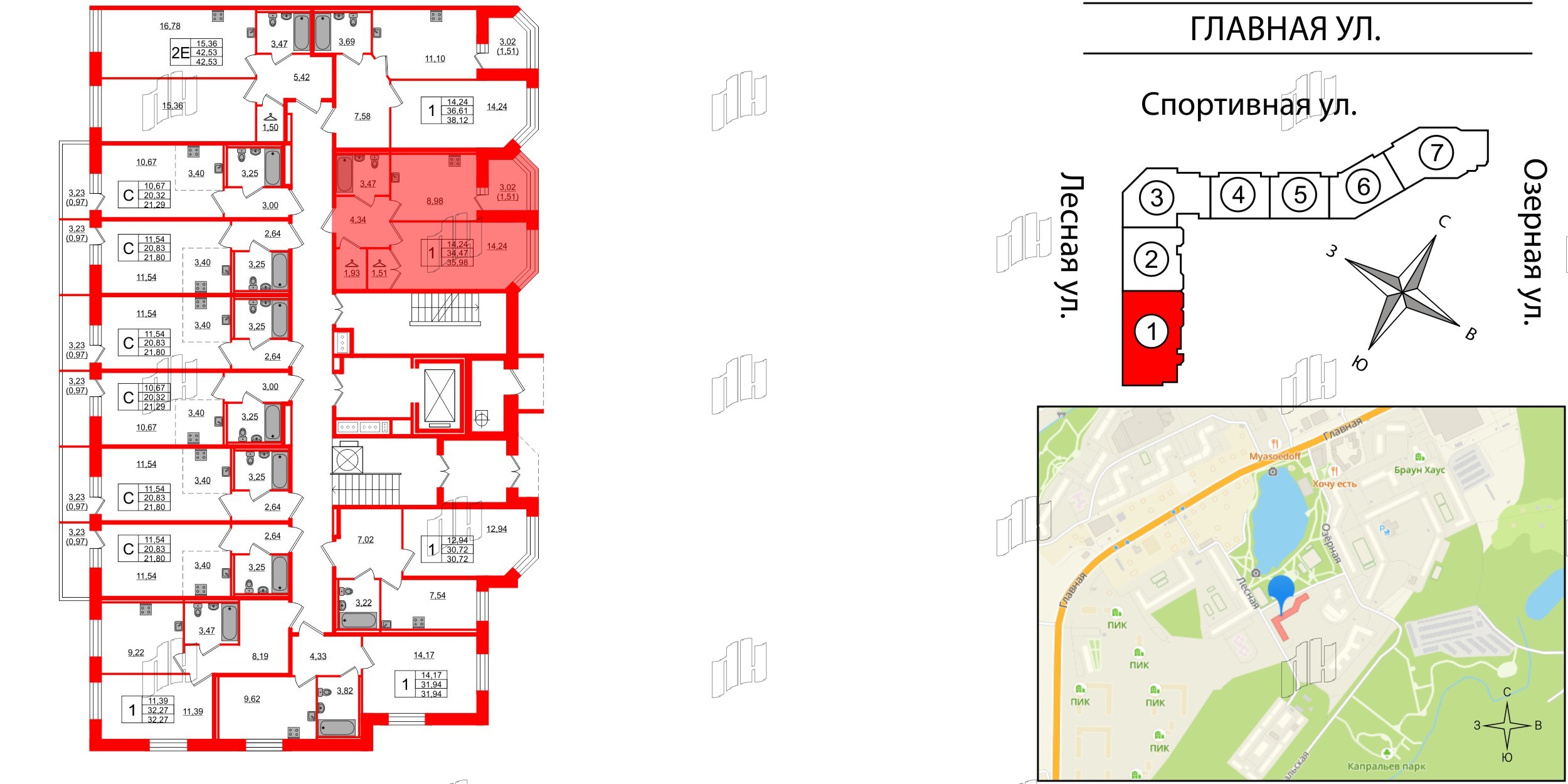 Квартира в ЖК Капральский, 1 комнатная, 35.98 м², 1 этаж