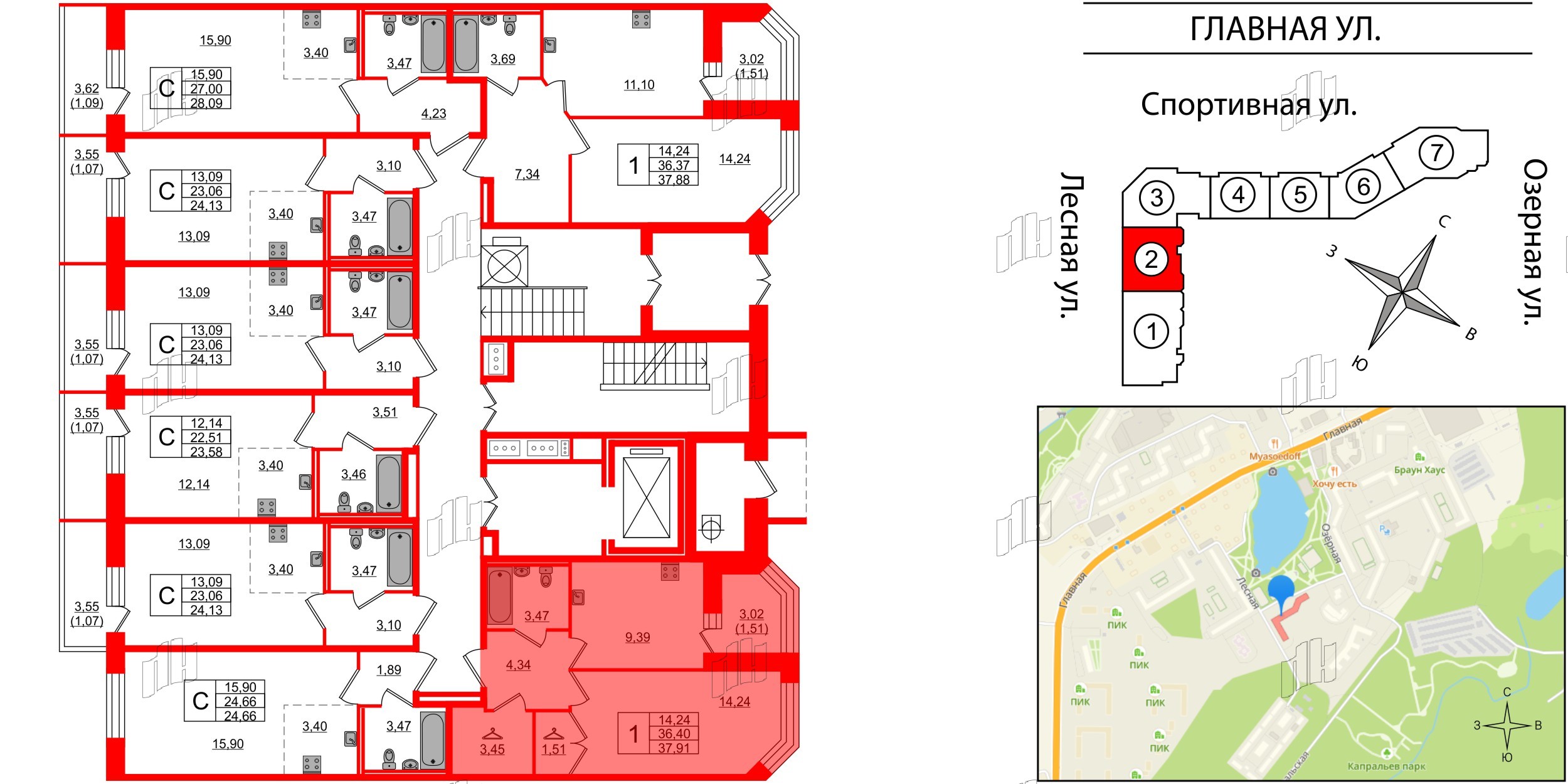 Квартира в ЖК Капральский, 1 комнатная, 37.91 м², 1 этаж