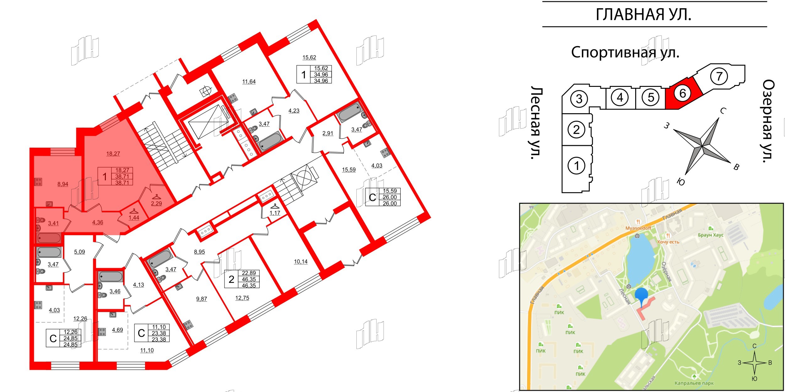 Квартира в ЖК Капральский, 1 комнатная, 38.71 м², 1 этаж
