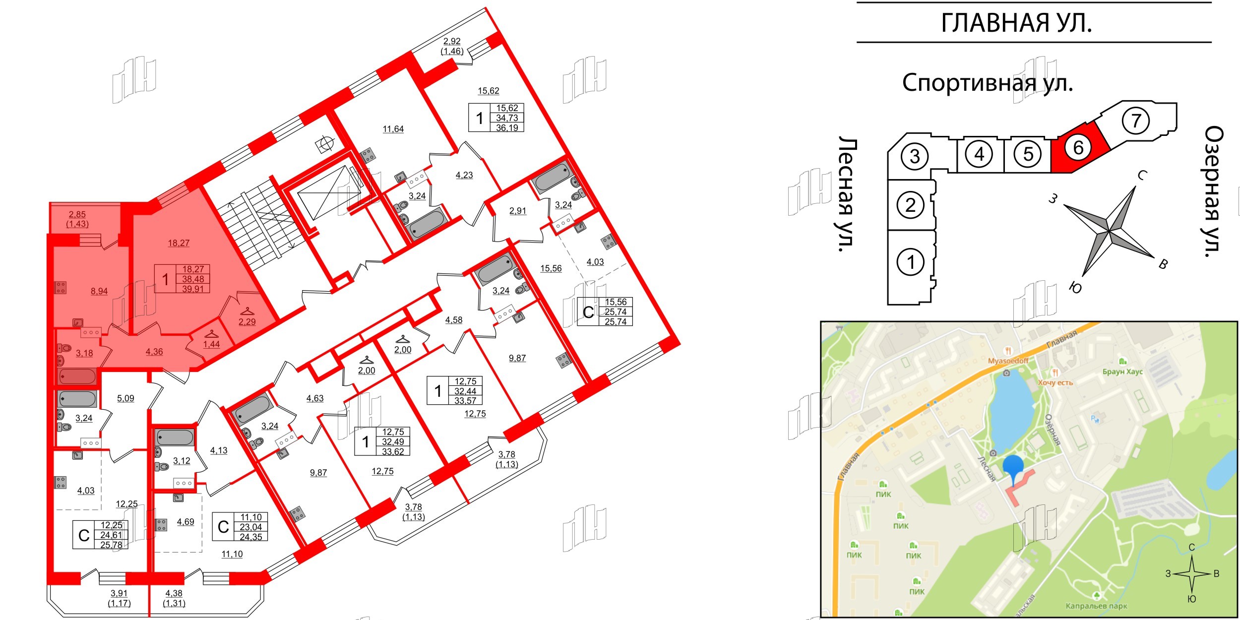 Квартира в ЖК Капральский, 1 комнатная, 39.91 м², 3 этаж