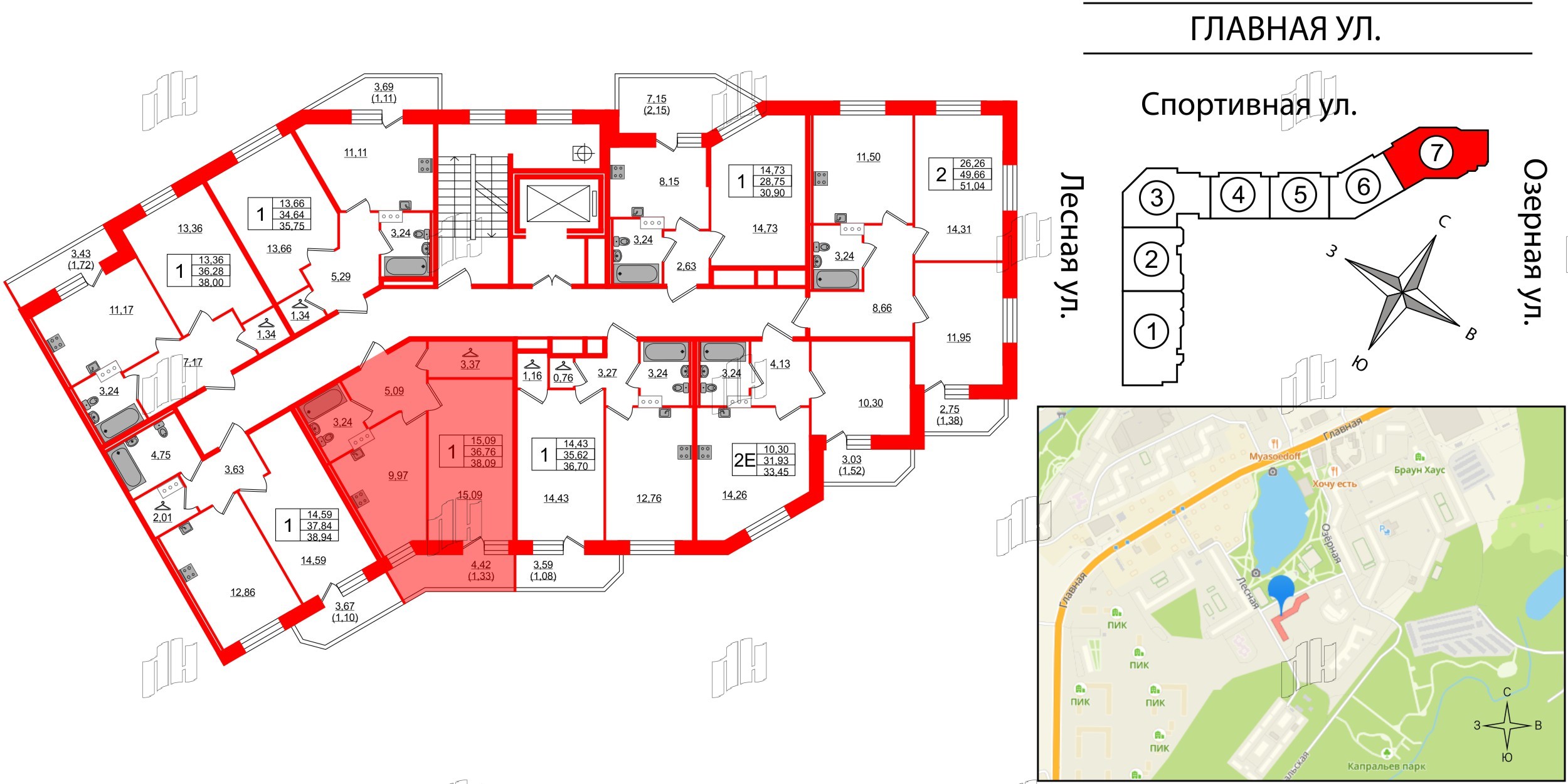 Квартира в ЖК Капральский, 1 комнатная, 38.09 м², 6 этаж