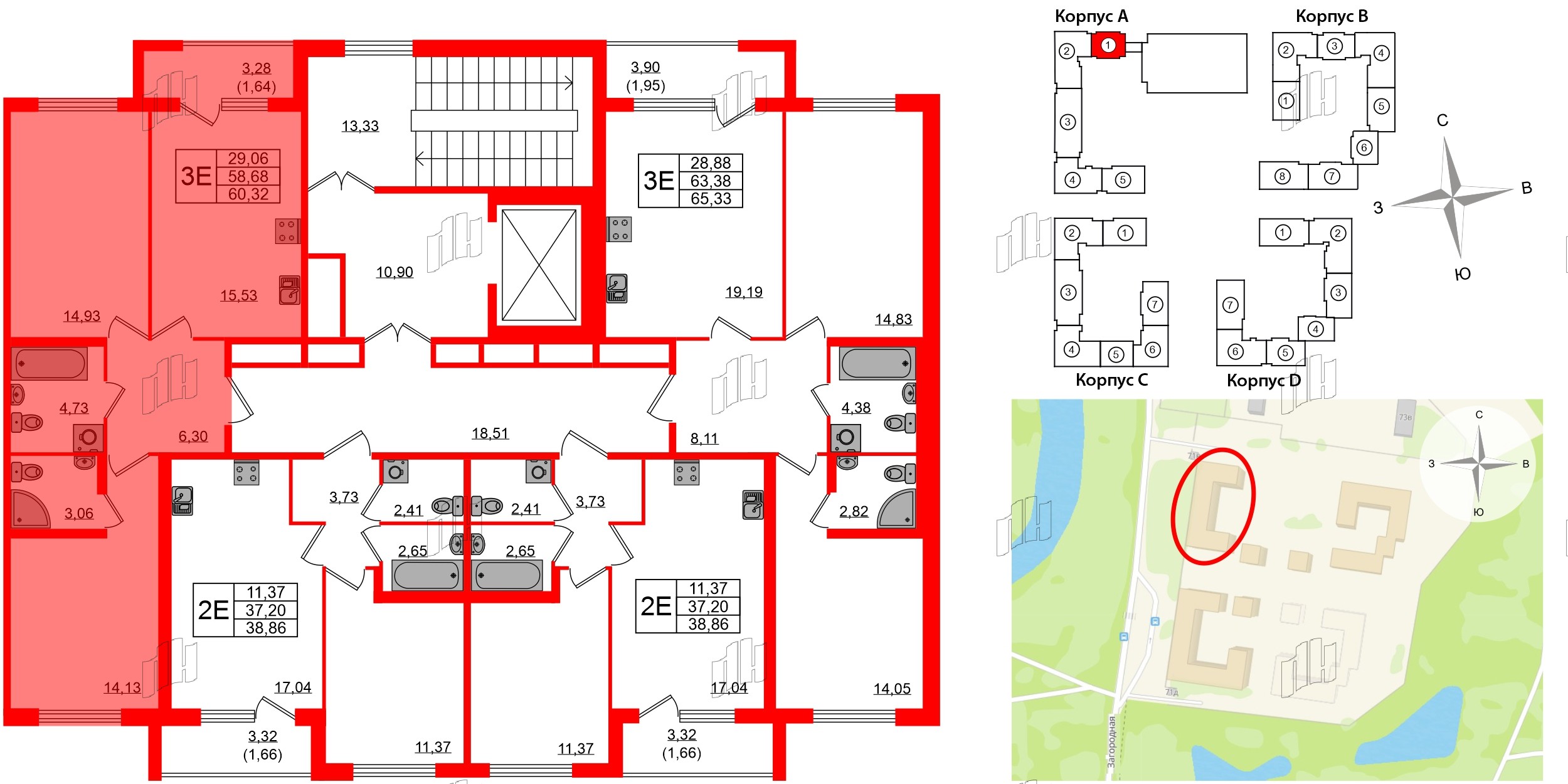 Квартира в ЖК Квартал Заречье, 2 комнатная, 60.32 м², 2 этаж