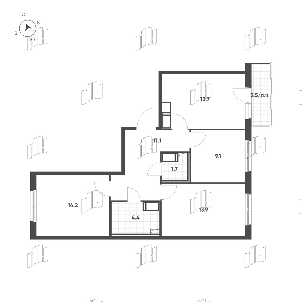 Квартира в ЖК Клюква.Парк, 3 комнатная, 69.2 м², 9 этаж