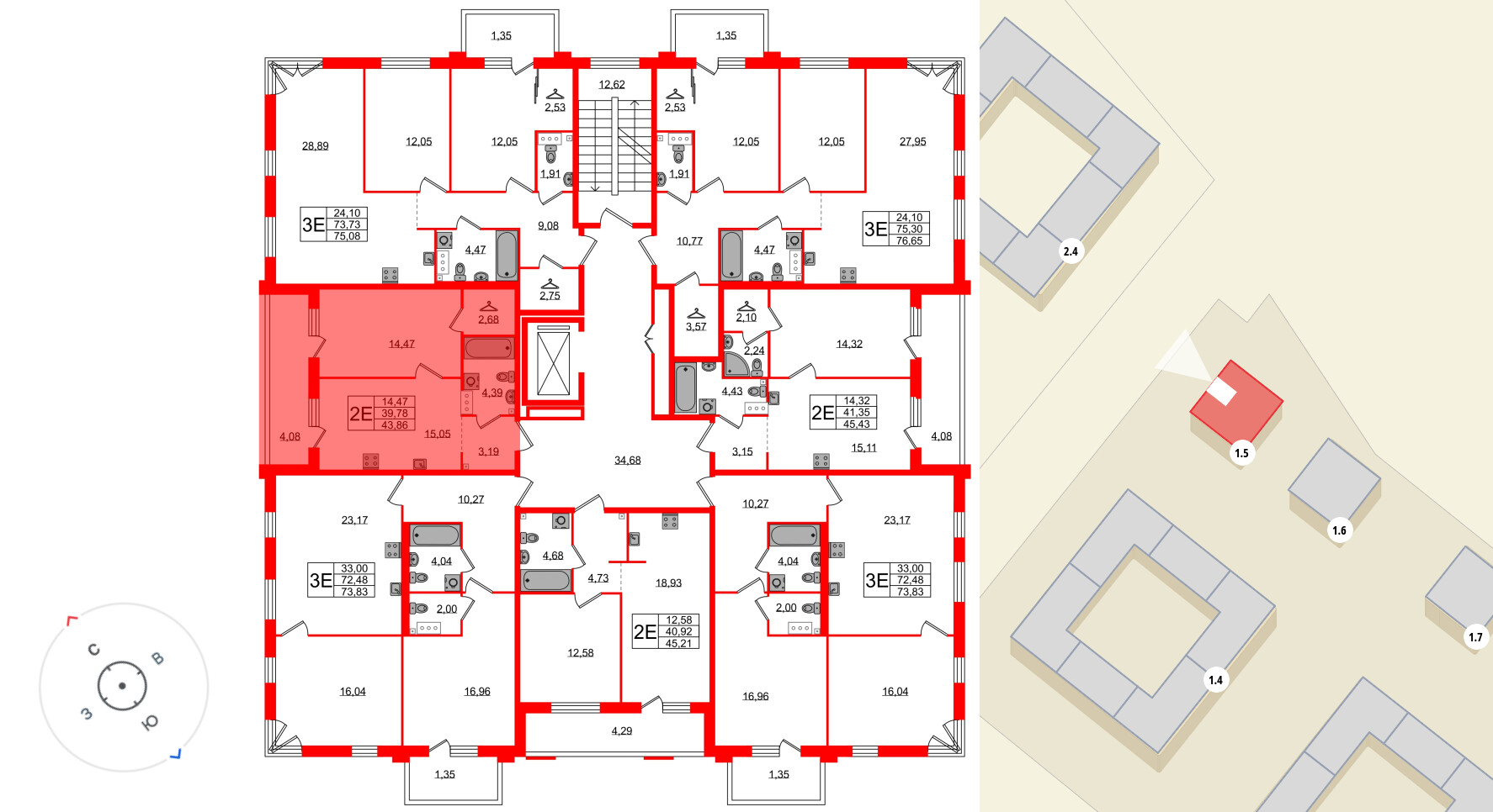 Квартира в ЖК Лисино, 1 комнатная, 43.86 м², 2 этаж