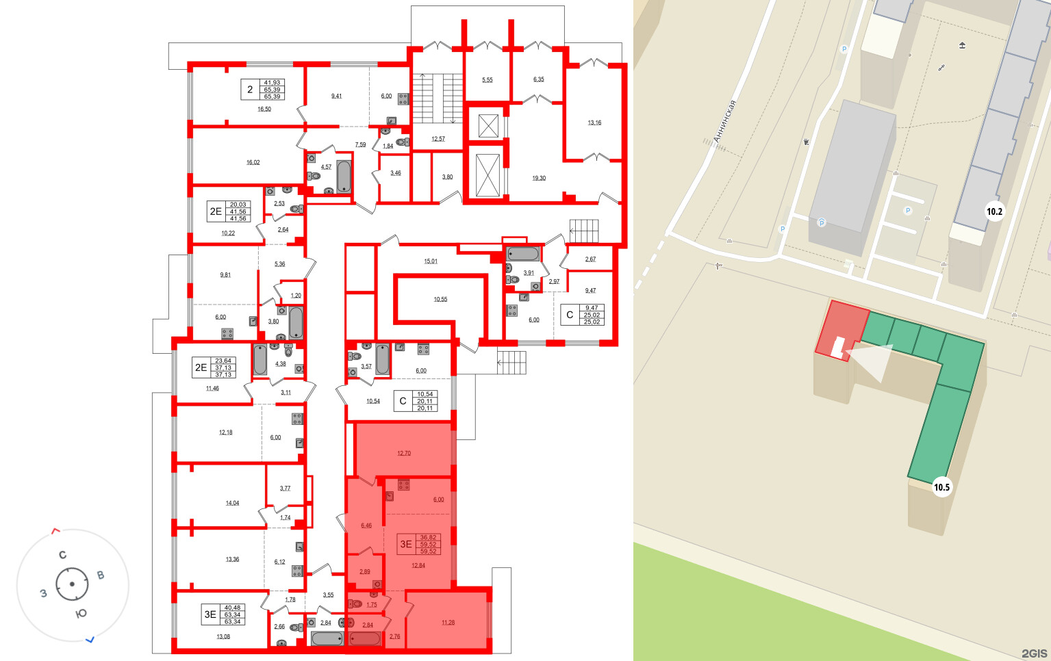 Квартира в ЖК «ЛесАрт», 2 комнатная, 59.52 м², 1 этаж
