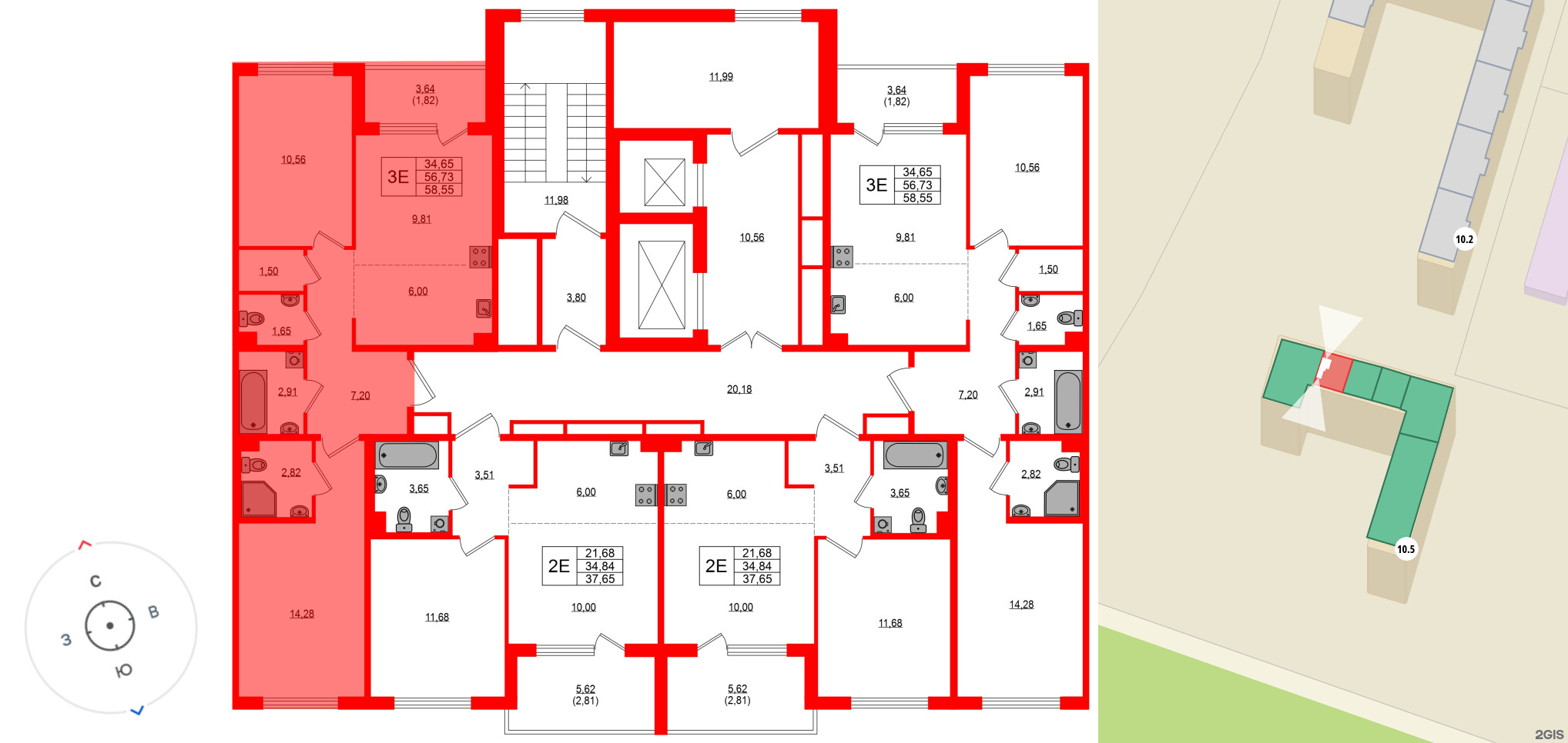 Квартира в ЖК «ЛесАрт», 2 комнатная, 58.55 м², 8 этаж