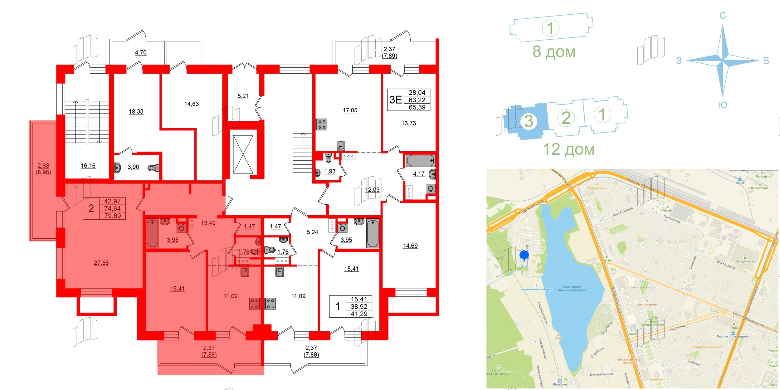 Квартира в ЖК Лофт у Озера, 2 комнатная, 81.4 м², 1 этаж
