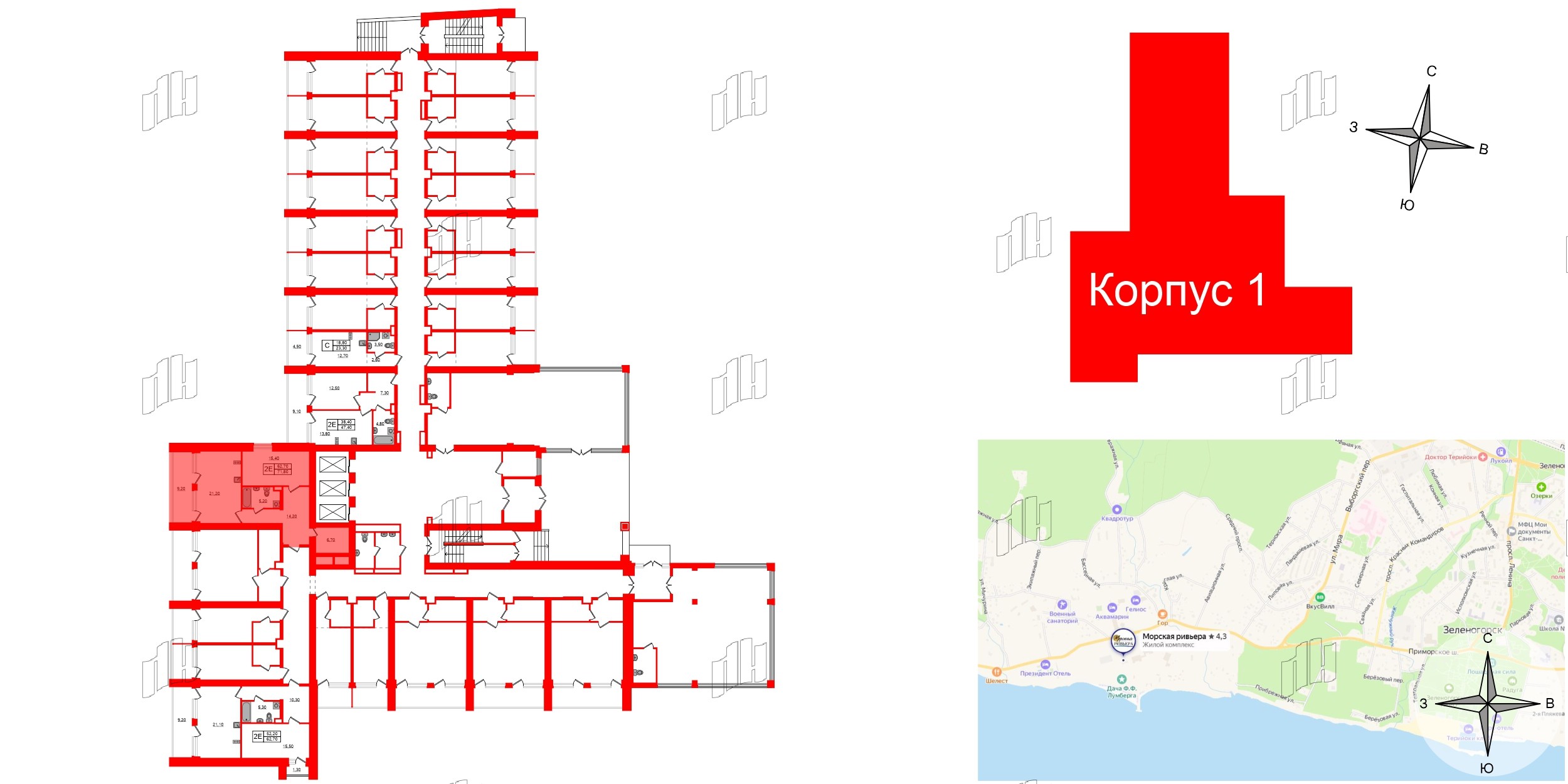 Апартаменты в ЖК Морская Ривьера, 1 комнатные, 71.8 м², 1 этаж