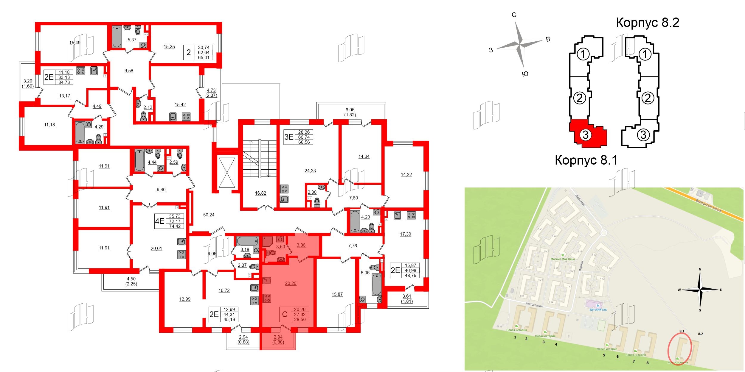 Квартира в ЖК «Новая история», студия, 28.5 м², 2 этаж