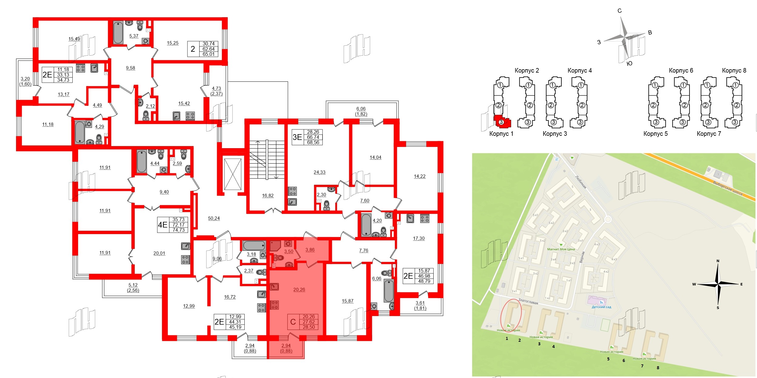 Квартира в ЖК «Новая история», студия, 28.5 м², 2 этаж