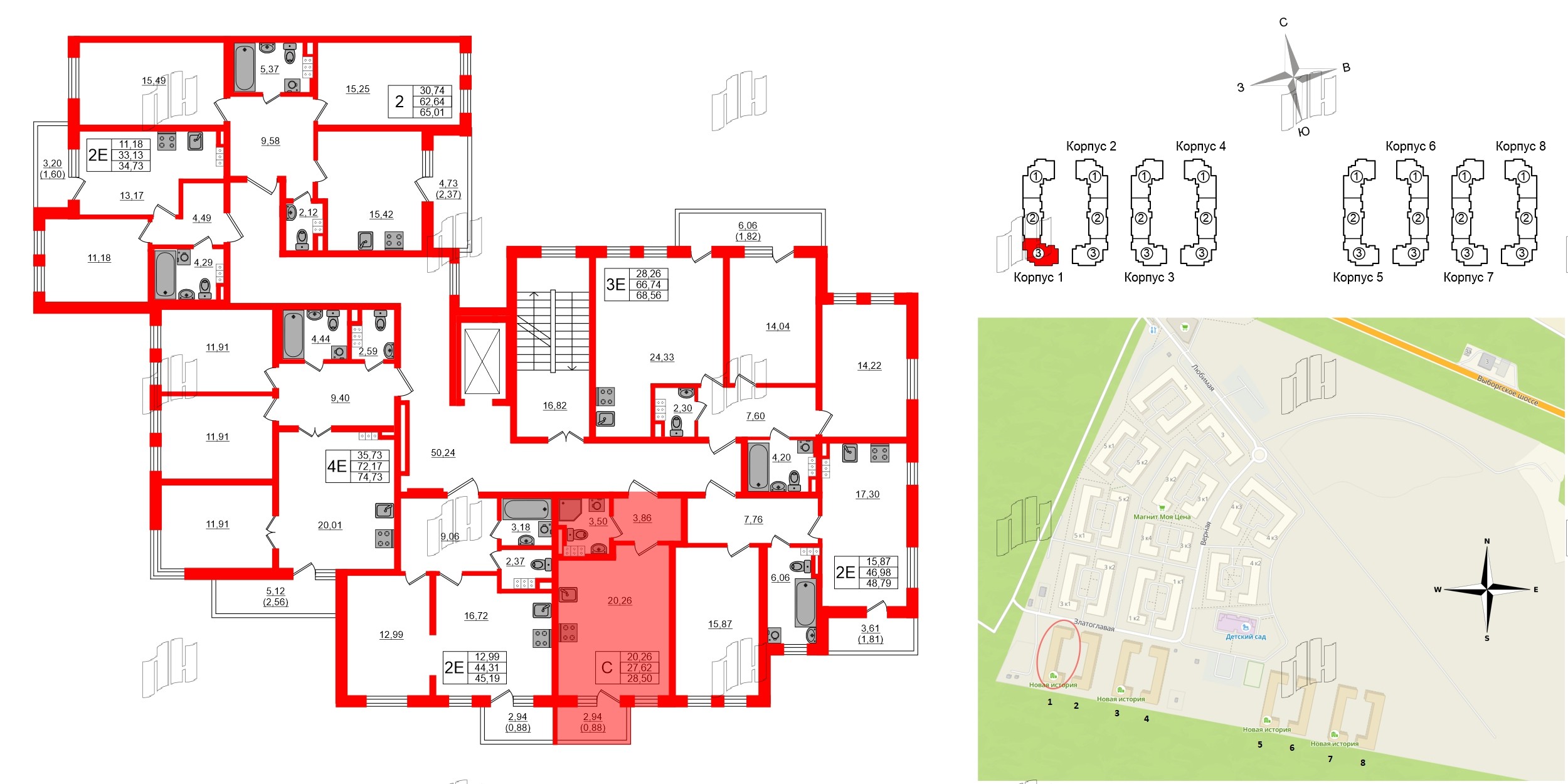 Квартира в ЖК «Новая история», студия, 28.5 м², 4 этаж