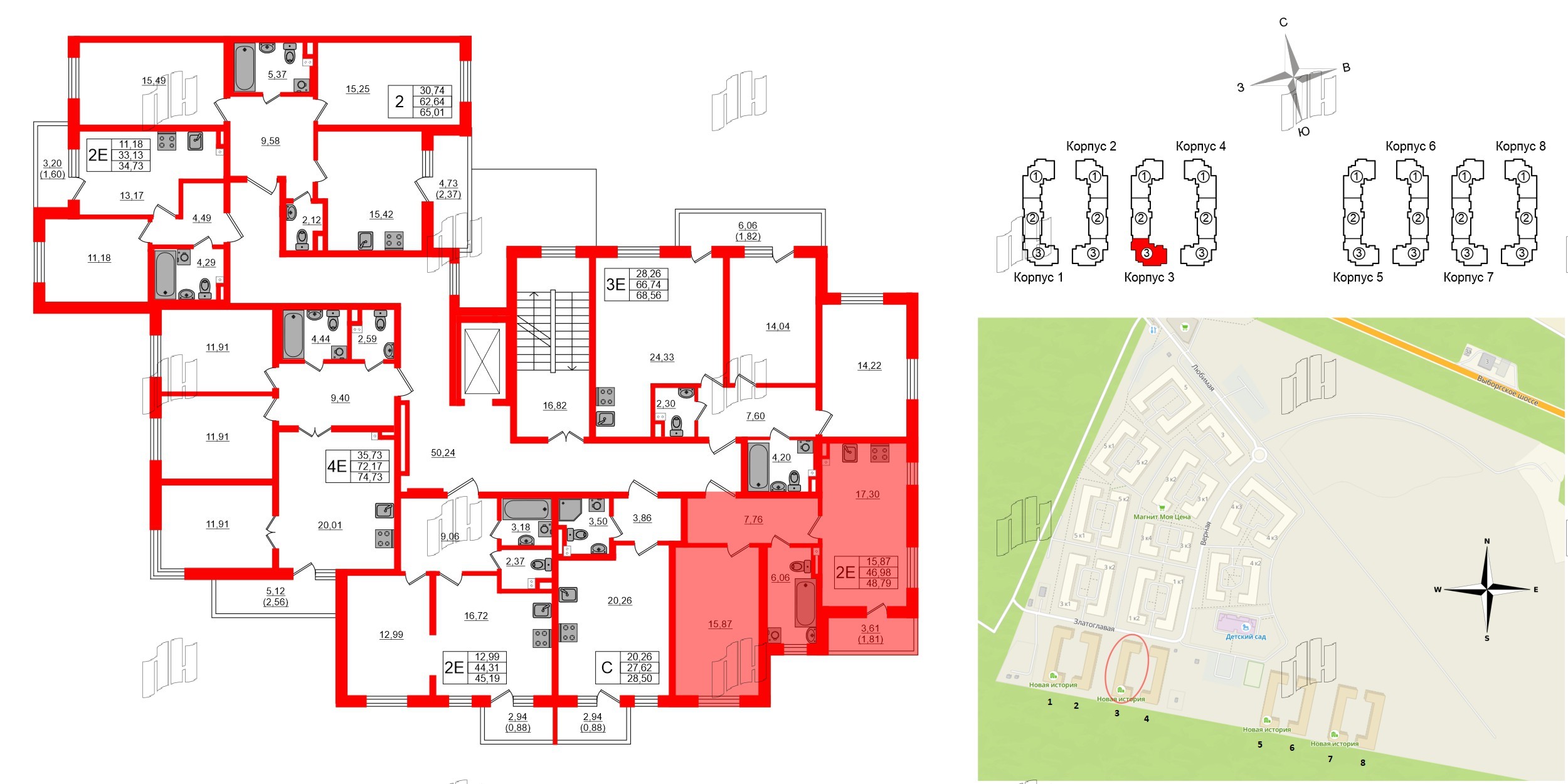 Квартира в ЖК «Новая история», 1 комнатная, 48 м², 2 этаж